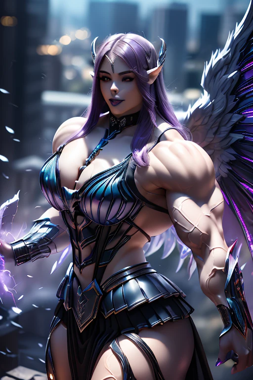 ((((Massive, beautiful, buff, pale white skinned muscular dark angel woman with violet purple hair, black lipstick, glowing black eyes, huge black angel wings, ginormous bulky muscles and wearing a beautiful black angel futuristic armor with pleated skirt)))), {close view}, massive muscles, massive biceps, hyper muscle shoulders, massive muscle arms, vascular shoulders, hyper muscle triceps, huge angel wings, (long hair with long bangs), pleated skirt, black eyes, choker, angel gauntlets, on top of a dark skyscraper in a burning City, confidant smile, hyper muscles arms, hyper muscle legs, (massive arms).