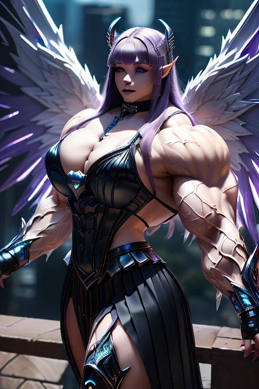 ((((Massive, beautiful, buff, pale white skinned muscular dark angel woman with violet purple hair, black lipstick, glowing black eyes, huge black angel wings, ginormous bulky muscles and wearing a beautiful black angel futuristic armor with pleated skirt)))), {close view}, massive muscles, massive biceps, hyper muscle shoulders, massive muscle arms, vascular shoulders, hyper muscle triceps, huge angel wings, (long hair with long bangs), pleated skirt, black eyes, choker, angel gauntlets, on top of a dark skyscraper in a burning City, confidant smile, hyper muscles arms, hyper muscle legs, (massive arms).