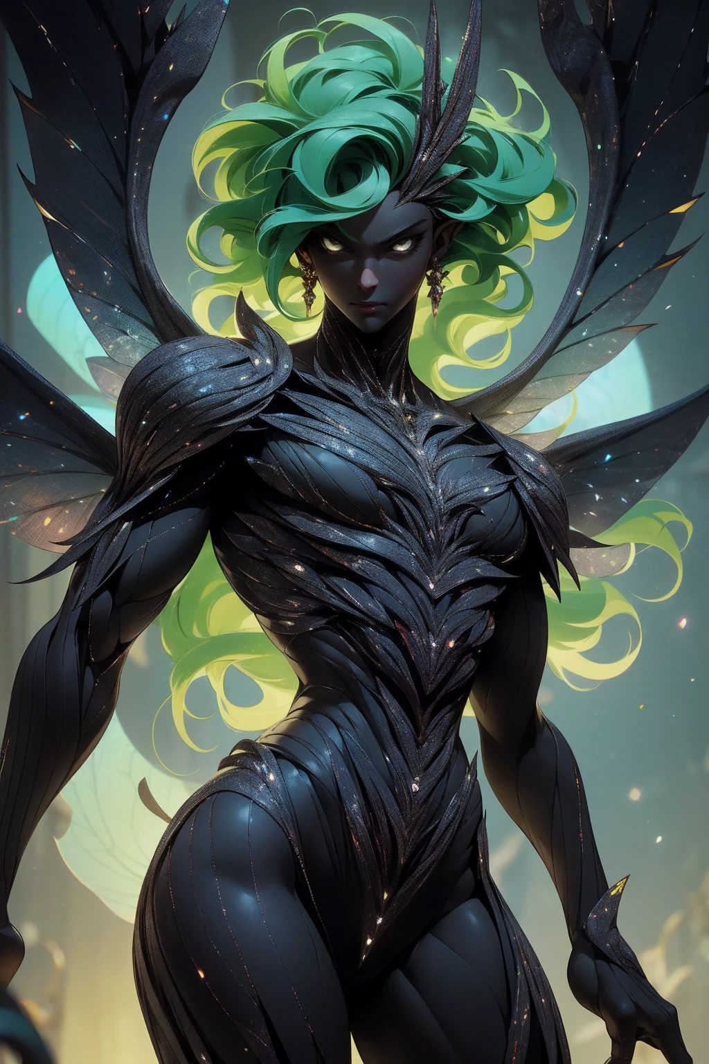 (Absurd, high quality, ultra -compared, careful with the hand) fairy, fairy wings, dreamer body, vivid, romantic and all. Optimistic face, just lies, without entry and intellectual. Reckless style, cold heart, impatient and too confident. Gray eyes, ripe and dark (eyes of the eyes), enchanted fairy (pixie) . medium curly hair, green hair. In the carnival row illustration, flying, dancing lithgly, Whole body, black skin (black skin)