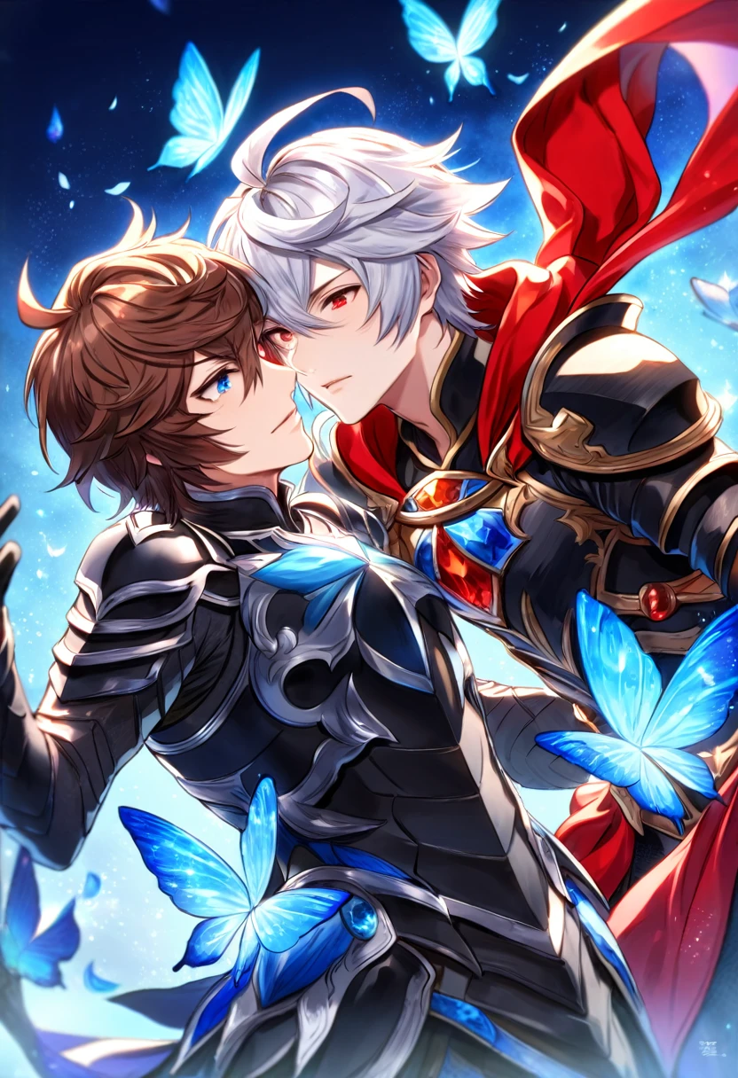 absurdres, highres, ultra detailed, HDR, master piece, best quality, Lucifer, white hair, expressive blue eyes, granblue fantasy, Sandalphon, brown hair, expressive red eyes, two men together, gay couple, yaoi, handsome, black armor, red cape, patterns, magical, fantasy, blue background, blue lotus, shining, blue petals, blue sparkling butterflies