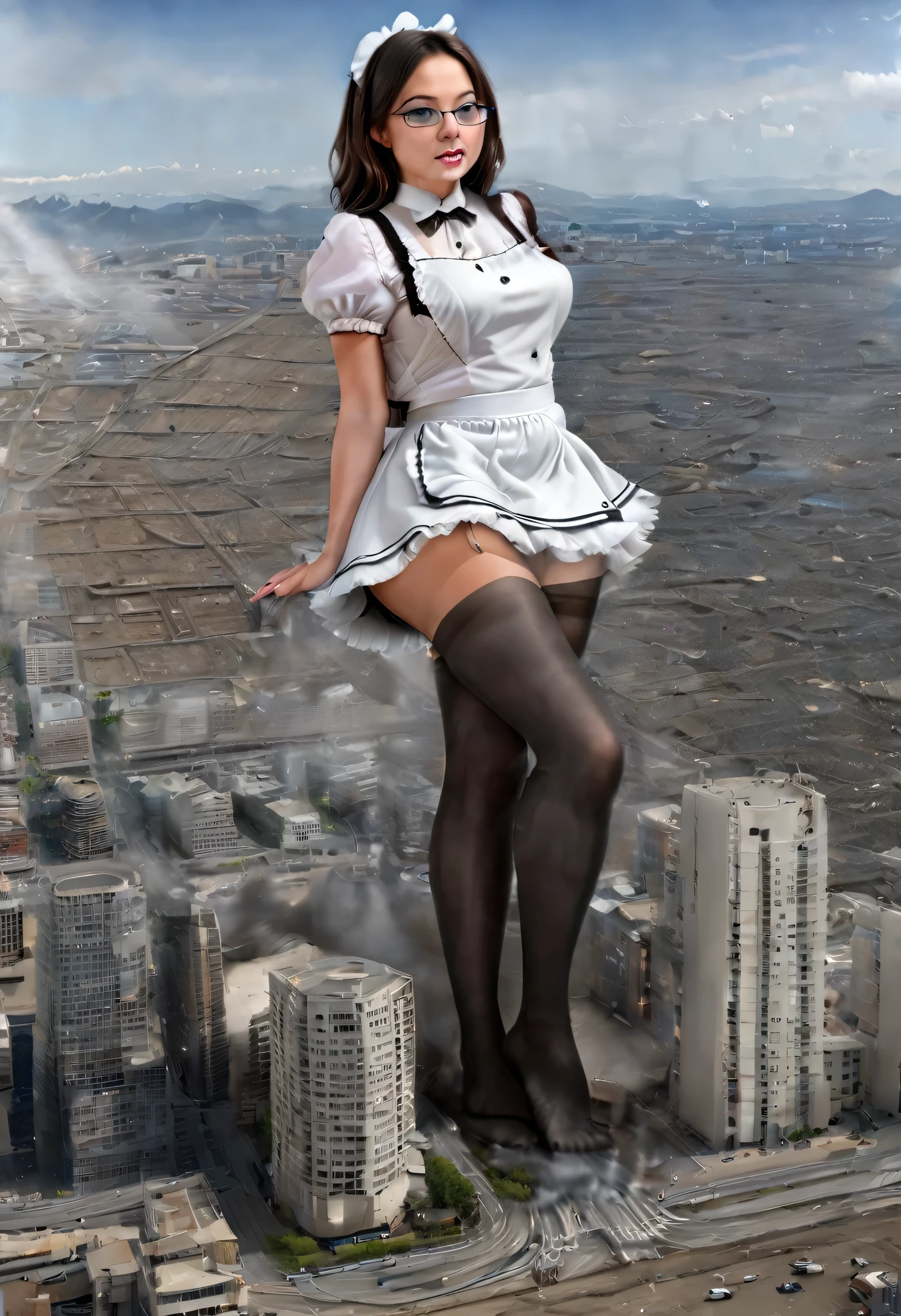 Giant&#39;s Art, Highly detailed Giant shot, Giant, short hair, A beautiful girl who is bigger than any skyscraper, Wearing rimless glasses, Big Breasts, Big Butt, Maid clothes, Black Pantyhose, Pantyhose Barefoot, Steam coming out from the soles of the feet, Pissing on the city, Urine Tsunami, A very small big city, Miniature metropolis, Crush the big city, Full body description, ＧＴＳ, giga giantess, stomping city, crash city, tiny city, micro city, pantyhose feet, High resolution, highest quality, masterpiece, Maid, RealPantyhose, maid, giga size,