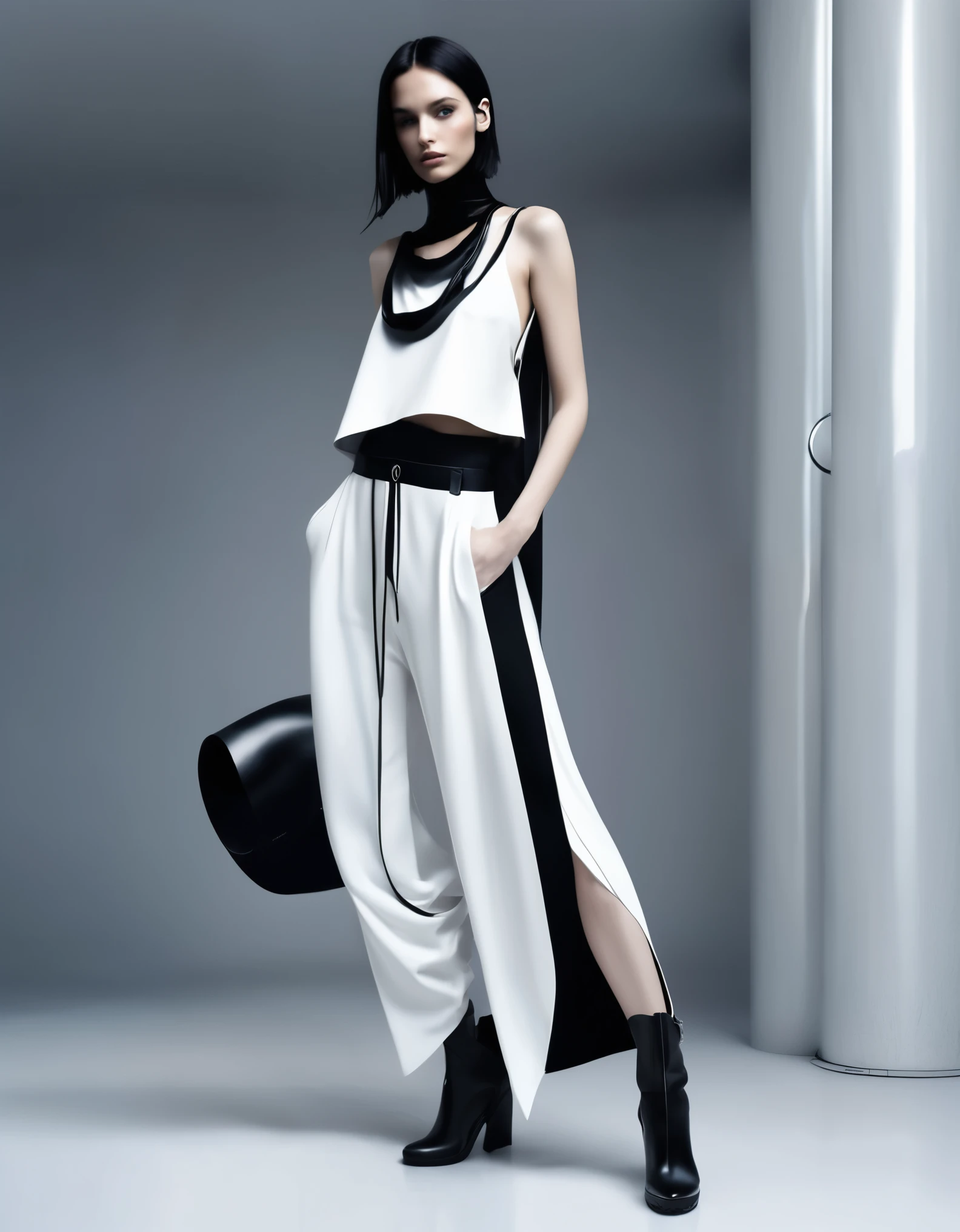 (nsfw:1.2), (masterpiece, Best Quality:1.4), digital art, Generate an image of a modern and avant-garde fashion outfit. The outfit consists of a single piece that combines a loose, straight-line top and drop-crotch pants. The entire outfit is predominantly white.
The top features a simple crew neckline and falls straight down from the shoulders to the ankles, creating a flowing silhouette. The pants have a distinctive drop-crotch design, with the crotch area hanging low and the legs gradually tapering down to a more fitted shape. On the right leg, there is an abstract, hand-drawn-style pattern or sketch that adds a unique artistic touch.
Around the neck, the model is wearing a long, black necklace with a large central ring and multiple thin straps hanging down, creating a strong visual contrast against the white outfit. The footwear is black platform sandals with a simple yet bold design that complements the overall modern and edgy look of the outfit.
The jp model is posed against a plain background, with a relaxed and confident stance, highlighting the unique silhouette and details of the outfit, hyper small head and face, wide Duck mouth, half open mouth, perfectly aligned teeth, perfect beautiful teeth, half open eyes, shiny Droopy eyes, gray hair, looking other, She is situated within the interior of a futuristic colony, with mist drifting and steam rising from concrete