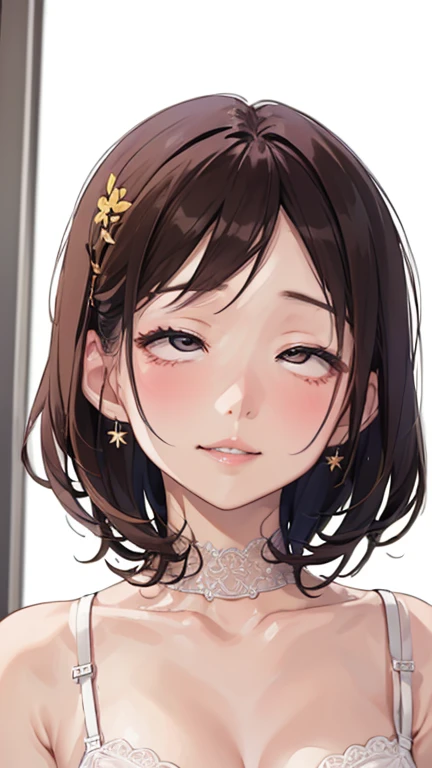 (Top quality masterpiece:1.2) Delicate illustrations, Very detailed, /Beautiful Japanese Women、1 person,Very cute and slim、Great style 、((8k images、super high quality))、Very delicate face, beautifule forehead、Shout、Bright red lipstick,very cute、Kind eyes,((((lingerie))))、Sleeping in bed、pleasure、joy、Laughter