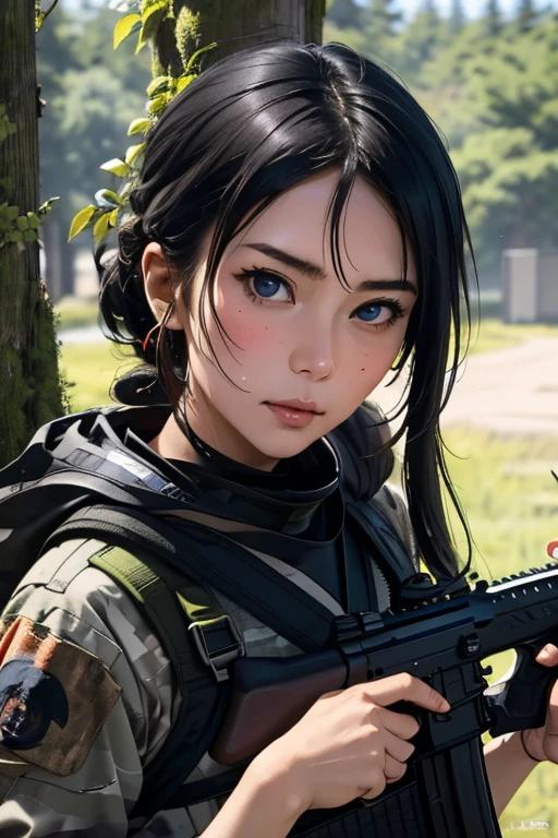 survival game、Camouflage、survival gameのフィールド、A beautiful girl is holding a rifle、head to waste、