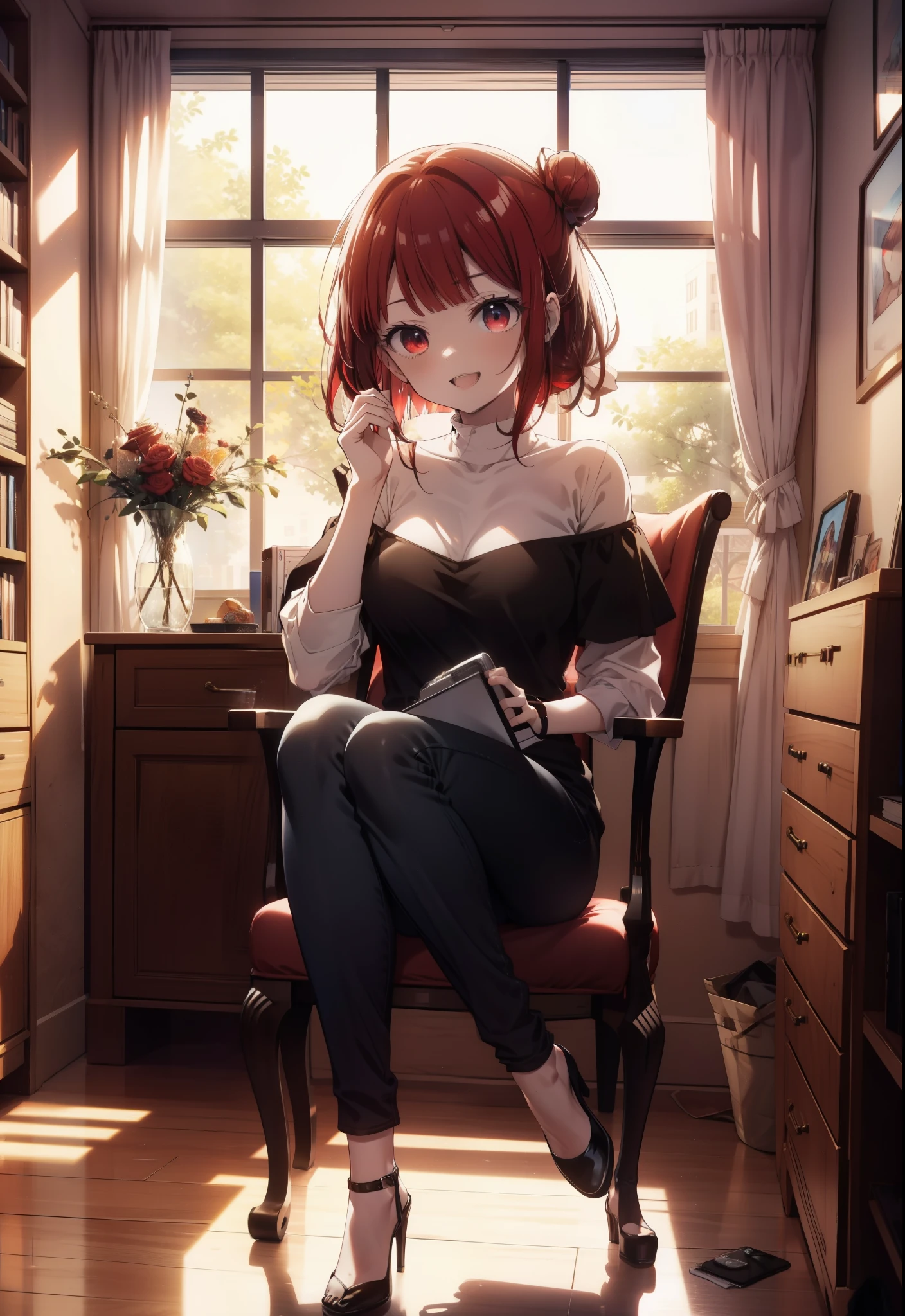 Arima etc.., Arima Kana, (Red eyes:1.5), Red Hair,Long Hair,happy smile, smile, Open your mouth,Hair Bun, single  Hair Bun,Redhead,Off-the-shoulder shirt,Exposing shoulders,skinny pants,Stiletto heels,sitting cross-legged on a chair,There is a lunch box on the table,whole bodyがイラストに入るように,Daytime,Clear skies,
壊す looking at viewer,whole body,
Breaking indoors,office,　　　　　　　　　　　　(masterpiece:1.2), highest quality, High resolution, unity 8k wallpaper, (shape:0.8), (Beautiful and beautiful eyes:1.6), Highly detailed face, Perfect lighting, Extremely detailed CG, (Perfect hands, Perfect Anatomy),