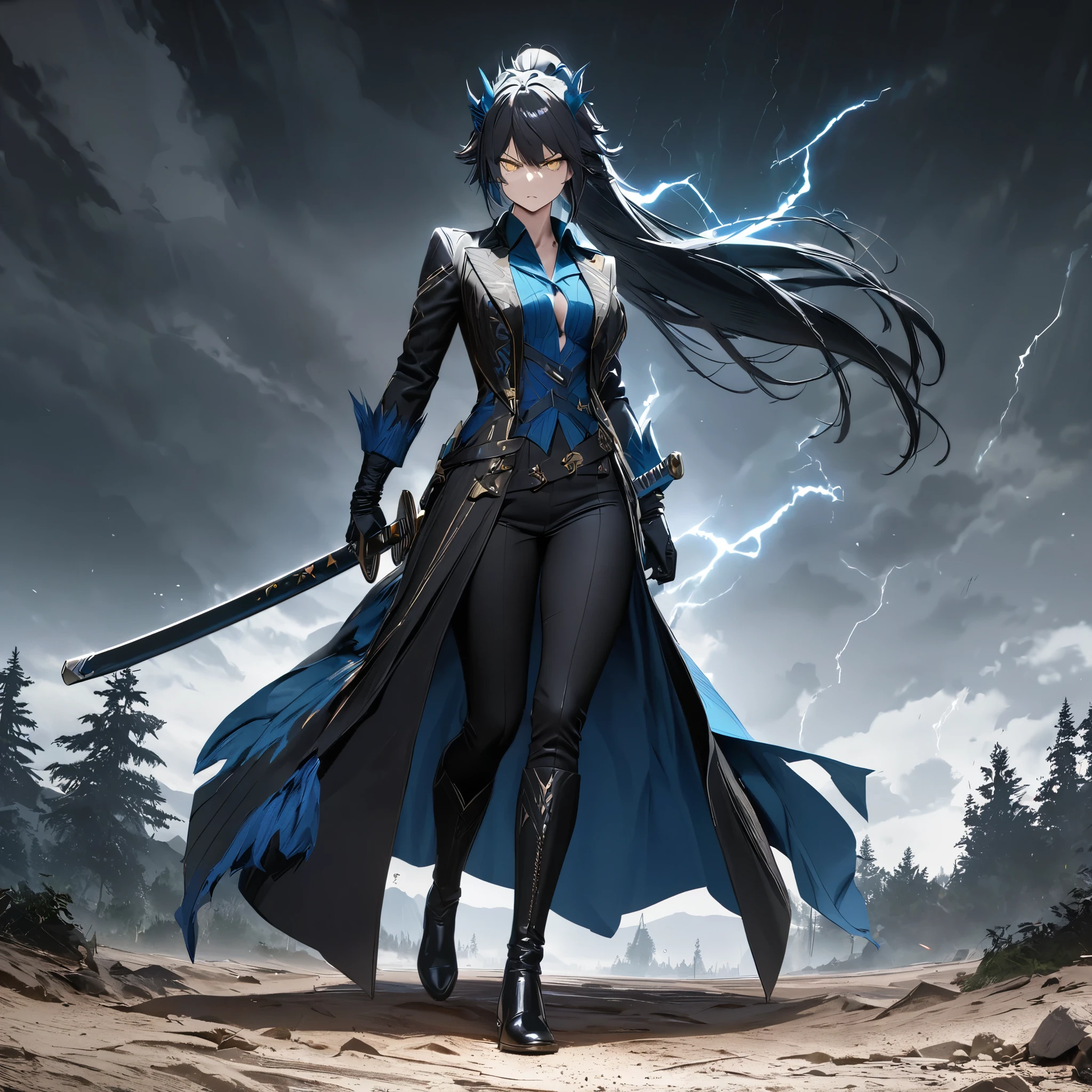 A woman wearing a vergil costume (devil may cry 5), long black coat, teal blue t-shirt inside, black pants, black leather boots, holding a katana without a sheath, full body, serious face, perfect face, perfect eyes, breasts big, long black hair, yellow eye, ponytail hair, teal blue bow in her hair, black gloves, standing, walking on a dirt floor with some trees and a stormy sky, with lightning in the sky.UHD, masterpiece, accurate, anatomically correct, textured skin, super detail, high quality, best quality, 8k, high resolution, bokeh effect. (woman alone)
