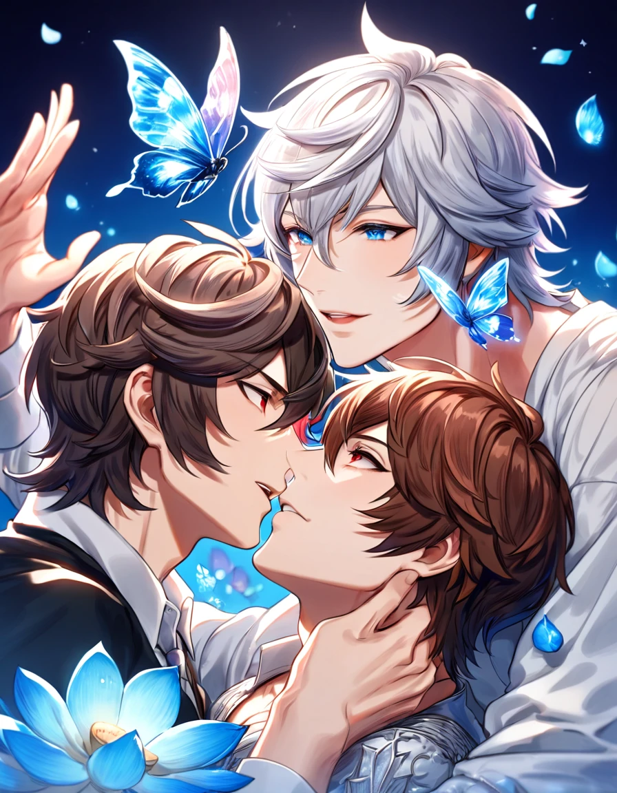 absurdres, highres, ultra detailed, HDR, master piece, best quality, Lucifer, white hair, expressive blue eyes, granblue fantasy, Sandalphon, brown hair, expressive red eyes, two men together, gay couple, yaoi, handsome, magical, fantasy, blue background, blue lotus, shining, blue petals, blue sparkling butterflies