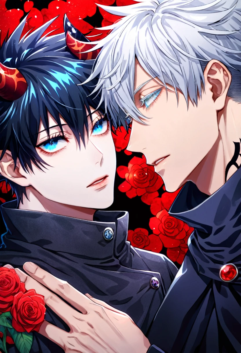 Ultra detailed, HDR, Highres, absurdres, master piece, Gojo Satoru, white hair with bangs, expressive blue eyes, white eyelashes, hair between the eyes, Fushiguro Megumi, black hair, expressive blue eyes, Jujutsu Kaisen, red glittering butterflies, petals, fantasy, red flowers, two sexy man together, gay couple, yaoi, extremely detailed face and eyes, handsome, glittering, black cape, black fantasy clothes, tattoo on his neck, red gemstone background, red flames, cross, black gloves, radiant, black demon horns, love,