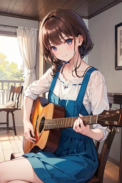 ({Very Aesthetic}, {Very Detailed}, {Very Real}, 1 Cute Girl, from front, brown hair, semiLong Hair, Handsome Face, Delicate Eyes, (play the guitar),sitting on the chair, smile, daytime , room,
