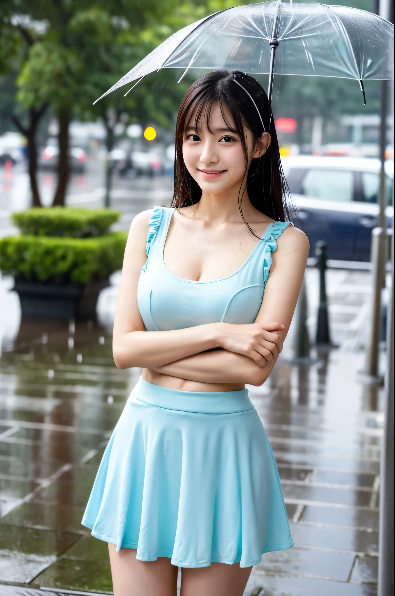 彼女は傘がないのでwhole bodyが雨で濡れている、My hair got wet in the heavy rain, face and clothes soaked through. Rain-soaked through face or dripping water masterpiece、超High resolution、well done!、She has a very pretty face and is young like an idol.々Has a good figure.20 year old Japanese woman、Gentle and cute、A gentle smile wet with rain、 Show off your cleavage.、mini skirt、Breathe rain soaked through In the heavy rain、Standing without an umbrella in the rain on a sidewalk in a big city at noon. large size bust、whole body、Artistic、RAW Photos、Genuine、High resolution、Life、No copyright notice