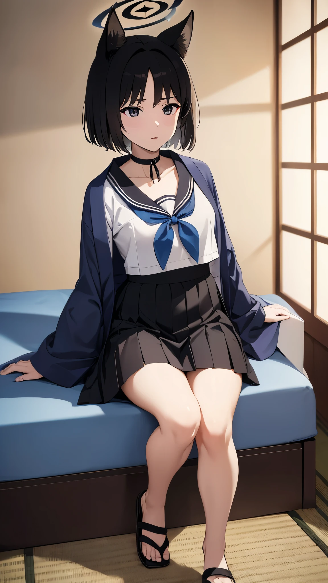 ((8K resolution))、((highest quality))、((masterpiece))、((Very detailed))((((dramatic))), (Anatomically correct)、The depth of the object to write、front、one person、kikyou, short hair, animal ears, black hair, halo, blue halo, , serafuku, sailor collar, choker, black eyes, skirt, pleated skirt, black skirt、two tails、Japanese-style room