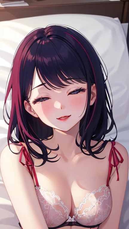 (Top quality masterpiece:1.2) Delicate illustrations, Very detailed, /Beautiful Japanese Women、1 person,Very cute and slim、Great style 、((8k images、super high quality))、Very delicate face, beautifule forehead、Shout、Bright red lipstick,very cute、Kind eyes,((((lingerie))))、Sleeping in bed、pleasure、joy、Laughter