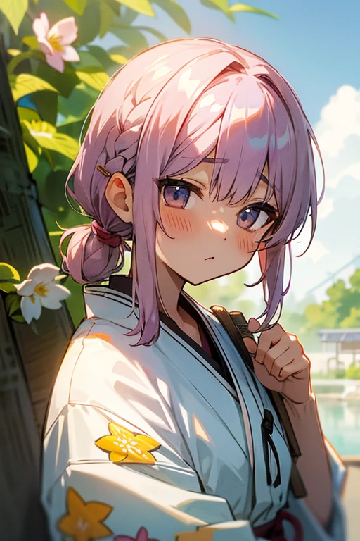Short white hair, blush, 、Headbang 2.、、Braiding、2 hair clips、Tie your hair up、Okinawan style、The image of the face remains the same、yukata、Floral、Hot Spring Town、