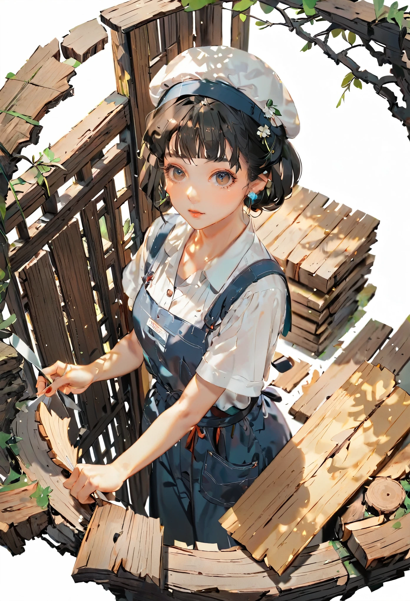 (((paper cutting style))), 1 girl, short black hair, Carpenter's work uniform, cap, cutting old wood material, from above