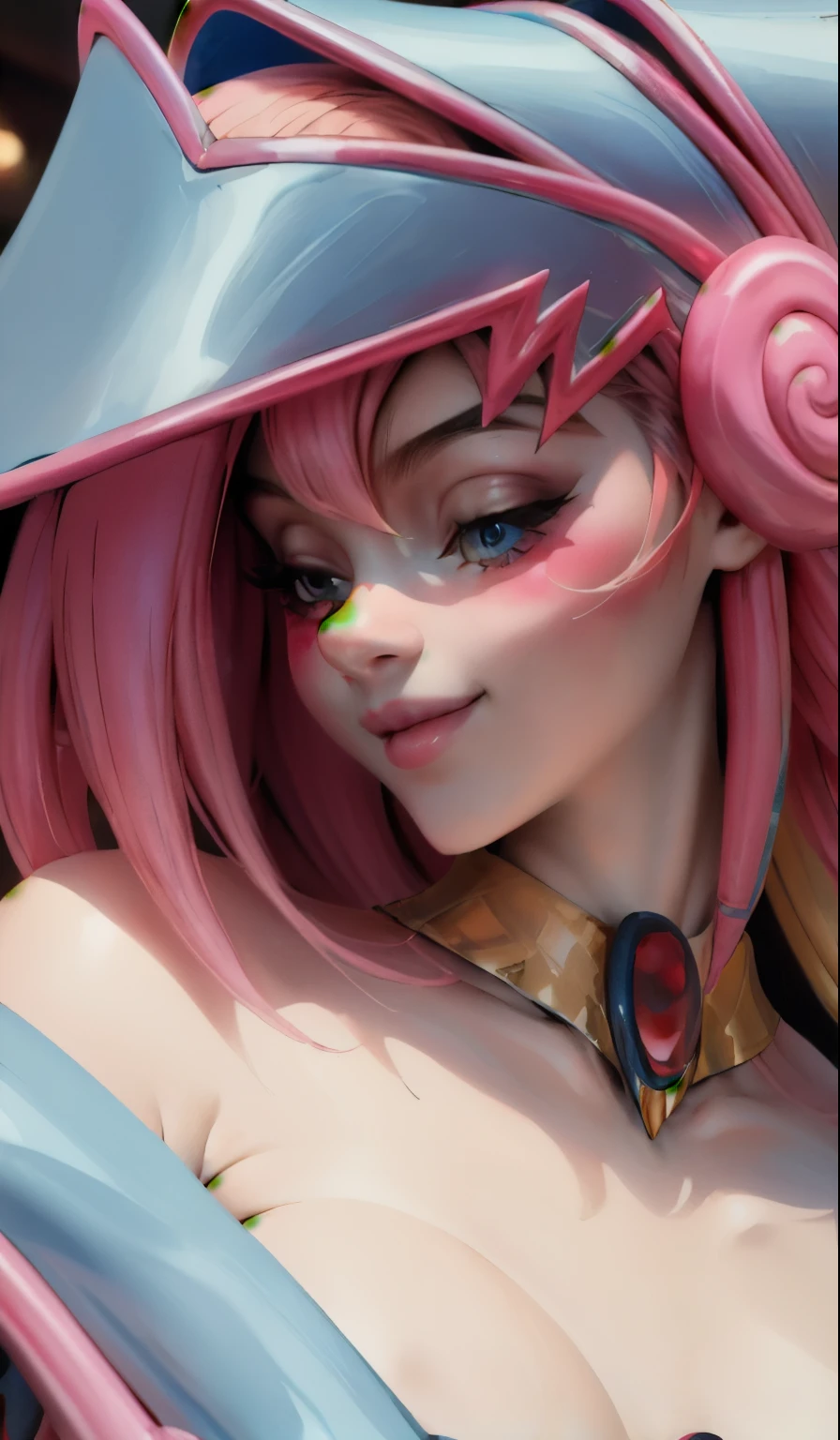 Crear el hermoso rostro de dark magician gils. Ojos azules. Labios rosados. Tez blanca. Cabello dorado. Tender girl smile.