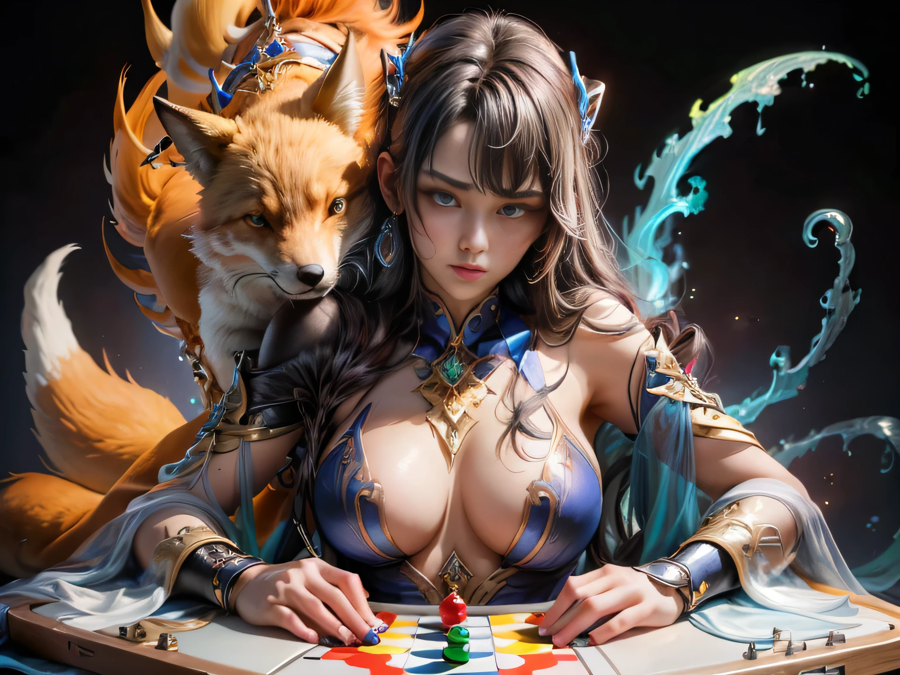 (Best quality, 8K, masterpiece, HDR, soft lighting, perfect image, realistic, Bright), a guy and a fox girl play Go against the backdrop of a mountain waterfall, landscape with a mountain waterfall in the background, sitting foxes guy and girl behind a goban (Go board), [(handsome man, he has beautiful blue eyes and a kind smile, black hair, naked torso with developed body, (Beautiful fox girl with green eyes, red hair, innocent expression)], (Fantasy ultra high quality art, latest fantasy), masterpiece, Ultra high quality male and female character designs, anime art with 8k development, realistic anime art, wallpaper illustrations of the highest quality, complex ultra high quality accurate faces of male and female characters, high quality design and precision physics (ultra high quality fantasy style)), art, dark fantasy)) Style), Masterpieceы, super quality characters, resolution anime - 8k, realistic anime art, highest quality wallpaper illustration, Ultra-high facial detail, high-quality design and physics accuracy), by color, depth of field, to the shadows, ray tracing, high quality and production of computer wallpapers in 8K resolution. (Accurate simulation of the interaction of light and material)], [Carefully detailed hair [Read more about beautiful and shiny hair]], (Perfectly detailed hands [perfect fingers [Beautiful nails]], (perfect anatomy (perfect proportions)) [[ Look at full growth]], [Ideal color coordination (Accurate simulation of the interaction of light and material)], [art, conveying the meaning of history], [game in Go]