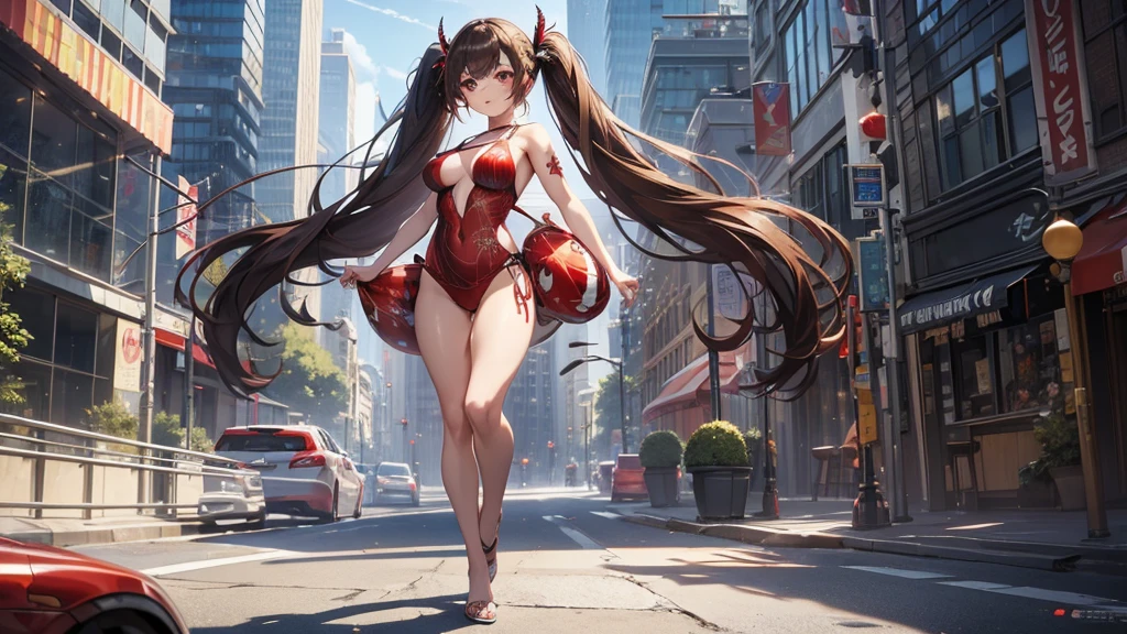 (masterpiece, best quality), intricate details, 8k, artstation, wallpaper, official art, splash art, sharp focus,, 1girl, long hair, twin tails, red eyes, brown hair, ,  spider swimsuit suit, spider web printing, spider web,  , skyscrapers, city, buildings, cars, street, full body