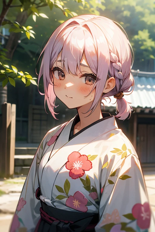 Short white hair, blush, 、Headbang 2.、、Braiding、2 hair clips、Tie your hair up、Okinawan style、The image of the face remains the same、yukata、Floral、Hot Spring Town、