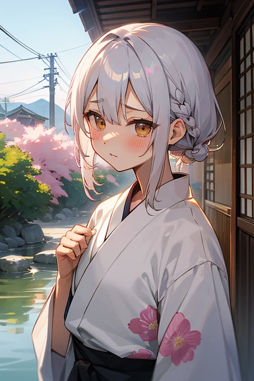 Short white hair, blush, 、Headbang 2.、、Braiding、2 hair clips、Tie your hair up、Okinawa風、The image of the face remains the same、yukata、flower柄、Hot Spring Town、Okinawa、Shisa、flower、