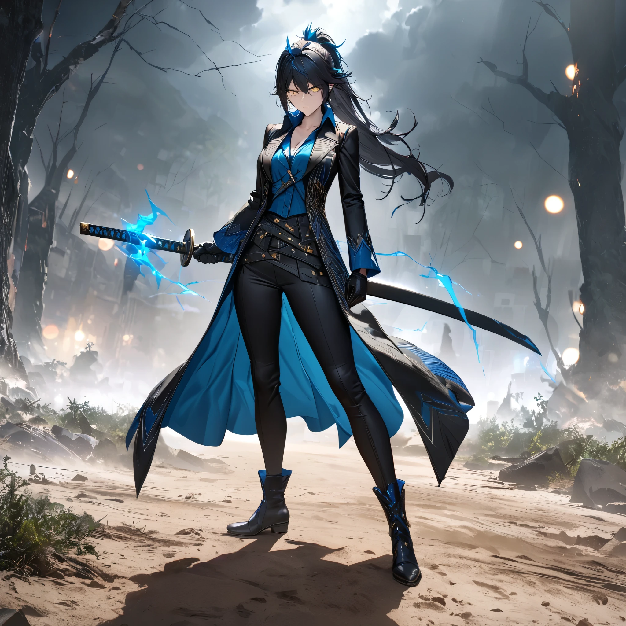 A woman wearing a vergil costume (devil may cry 5), long black coat, teal blue t-shirt inside, black pants, black leather boots, holding a katana without a sheath, full body, serious face, perfect face, perfect eyes, breasts big, long black hair, yellow eye, ponytail hair, teal blue bow in her hair, black gloves, standing, walking on a dirt floor with some trees and a stormy sky, with lightning in the sky.UHD, masterpiece, accurate, anatomically correct, textured skin, super detail, high quality, best quality, 8k, high resolution, bokeh effect. (woman alone)
