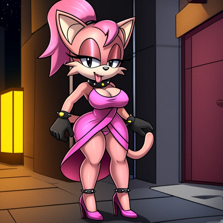 masterpiece, 1girl, female, solo,
slave_kitty,  cat, cat tail, pink fur, dark pink hair, ponytail, black eyes, black pupils, pink dress, high heels, thick thighs,
side street background, detailed background,
night time, female bag, prostitution, bedroom eyes, looking at viewer, spiky collar, spiky bracelets, leg leather, tongue,
showing breasts, lifting dress, pink panties,