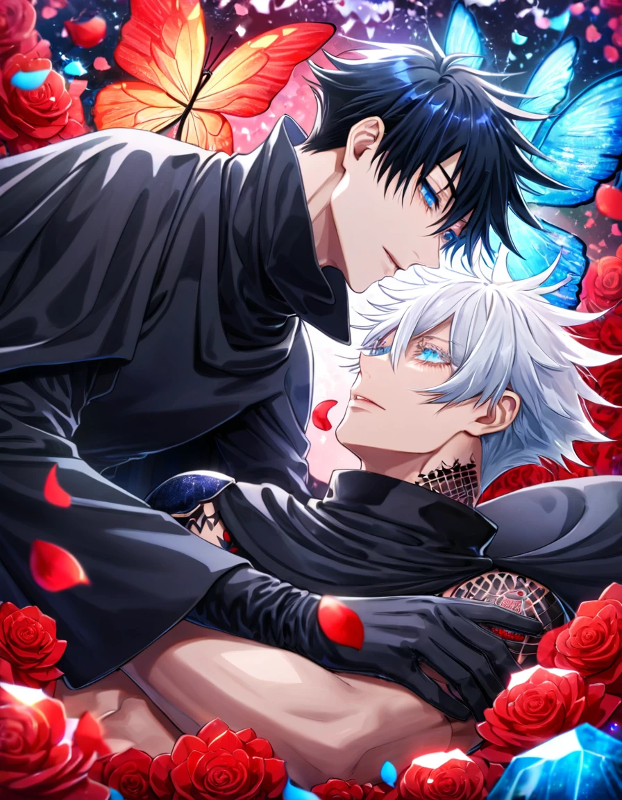 Ultra detailed, HDR, Highres, absurdres, master piece, Gojo Satoru, white hair with bangs, expressive blue eyes, white eyelashes, hair between the eyes, Fushiguro Megumi, black hair, expressive blue eyes, Jujutsu Kaisen, red glittering butterflies, petals, fantasy, red flowers, two sexy man together, gay couple, yaoi, extremely detailed face and eyes, handsome, glittering, black cape, black fantasy clothes, tattoo on his neck, red gemstone background, red flames, cross, black gloves, radiant, black demon horns, love,