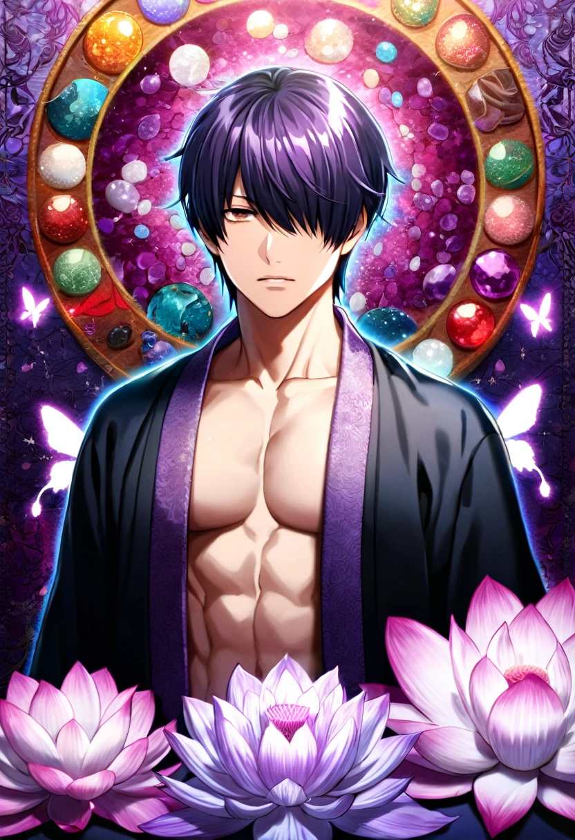 absurdres, highres, ultra detailed, HDR, master piece, best quality, Takasugi Shinsuke, dark purple hair, hair over the left eye, expressive brown eyes, Gintama, solo, handsome, sexy man, toned chest, black haori, purple kimono, patterns, magical, fantasy, purple gemstone background, purple lotus, shining, purple petals, purple sparkling butterflies, purple water