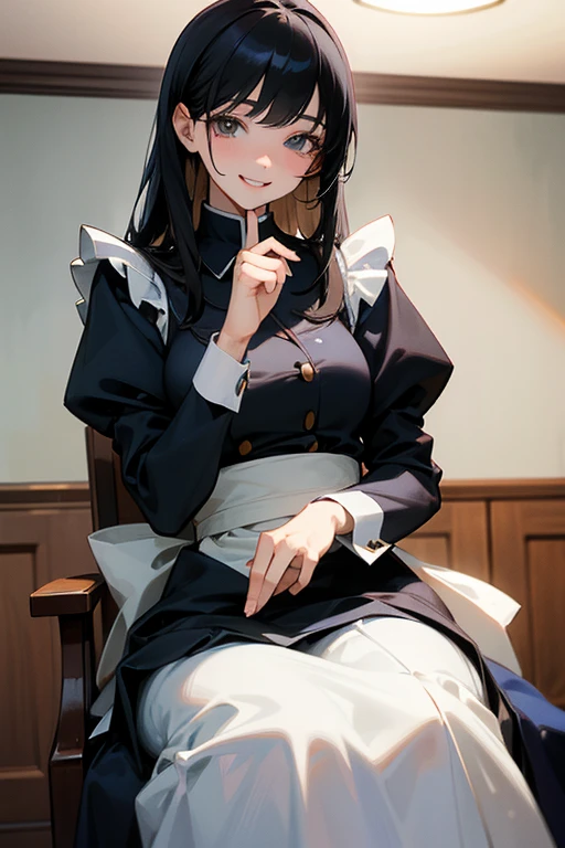 (Highest Resolution, clear_image) highest quality, Single person, One woman, alone, masterpiece, Very detailed, Semi-realistic, Black Hairのショートヘア, Black Hair, bangs, 18-year-old, mature, light blue uniform, uniform, Indoor Background, kind, Authoritative, Powerful, exquisite features, exquisite features、Eyelashes become longer、Showing teeth、smile😀、Maid clothes、woman'Fingers in the、Sleeping on the sofa、Long Hair、Fluttering in the wind、Cleaning、Navy blue clothes、Long Hair、