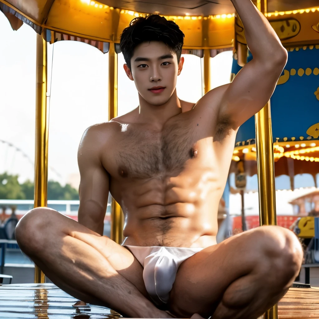 Sitting, Very hairy armpits, hairy pubic, hairy crotch, wet sweaty body, Carousel, Ferris wheel, Full body photo, Very thin thong, Proudly showing off his sweaty very hairy armpits, completely naked just wearing white thong, Boy in the crowded amusement park, amazing amusement park scenery, boy, very young boy, Cinematic soft lighting illuminates a stunningly detailed and ultra-realistic handsome korean male supermodel, ultra messy curly hair, clear honey eyes, captivating perfect smile, sensual, hot man, insanely handsome, showing off his sweaty body, very sixpack muscular body build, slender, toned, full body, 8k, photography, masterpiece, detailed face, detailed eyes, sexy, beautiful abdomen and beautiful legs and a detailed big hard penis, expression of ecstasy, excited, slim, detailed eyes and lips, sixpack and fit body. Image quality is of the highest standard, with ultra-detailed features and a realistic appearance. The colors are bright and vibrant, enhancing the overall aesthetic. The lighting is soft and natural, casting a soft glow on the boy, don't merge body's