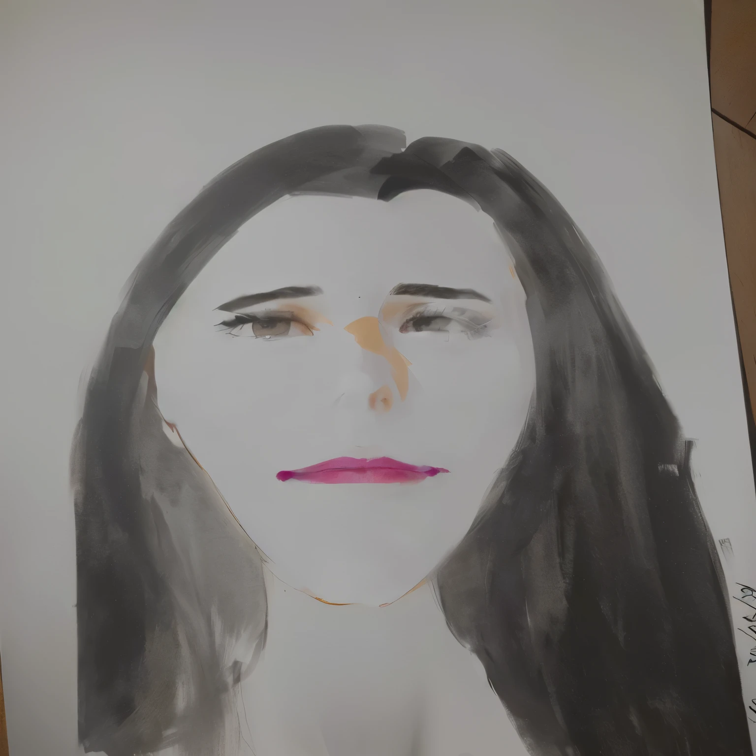 um close do desenho de uma mulher com cabelo comprido, inspirado em Alex Katz, retrato de um rosto feminino, retrato 4 / 3, rosto manchado, retrato de rosto, retrato de rosto, blank expression on her face, retrato facial, portrait of um rosto de mulher, retrato do rosto de uma mulher, um rosto de mulher, rosto retrato feminino