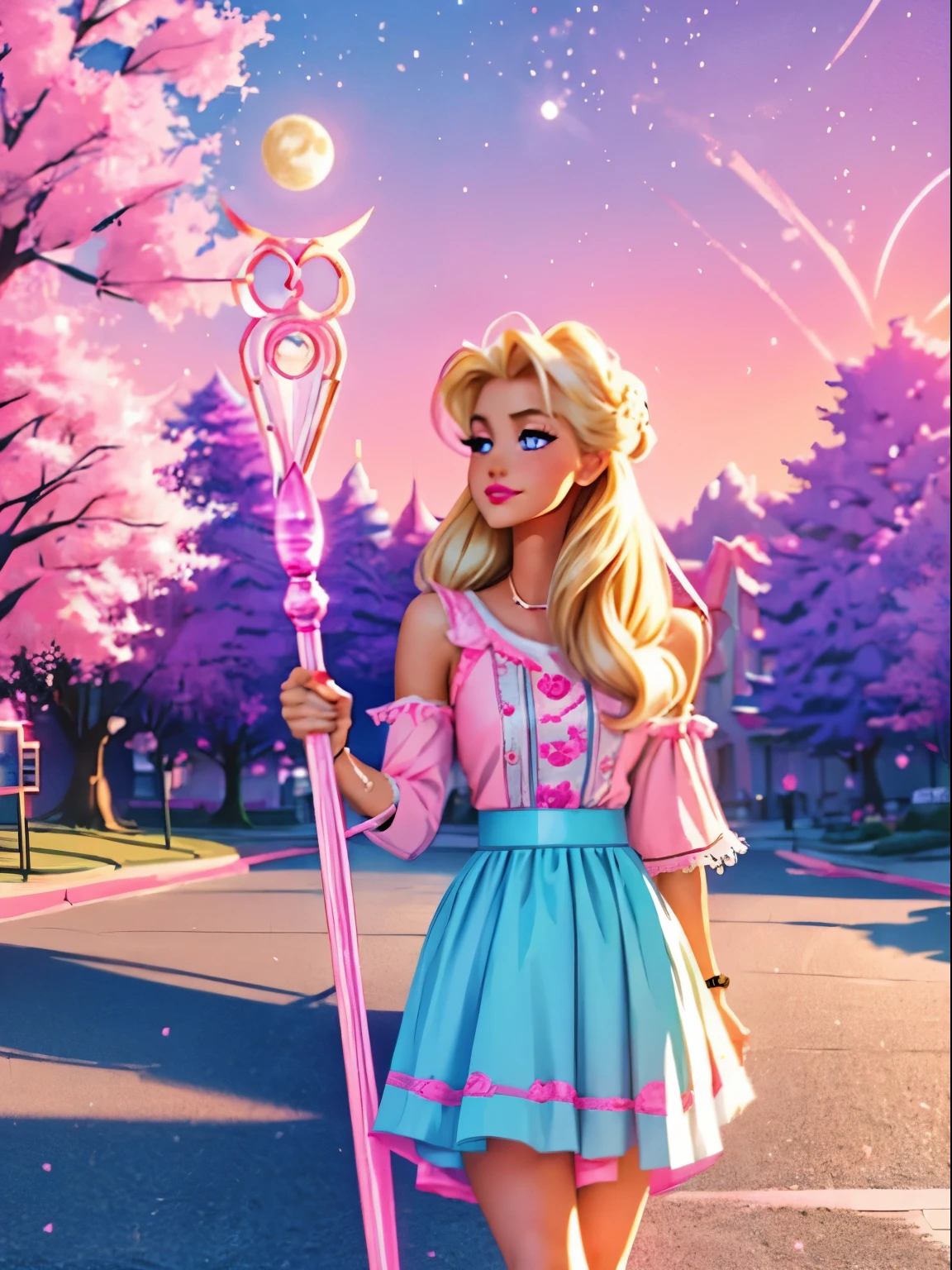 (Pristine Blonde Barbie:1.2), (Enchanting Pink Outfit:1.1), (Nostalgic 90s Retro Aesthetic:1.1), (Lovely Romantic Anime Style:1.3),
A Girl with Blonde Hair and Pink Highlights, (Clutching the Lunar Staff: 1.2), (Adorned in Blue Embroidered Clothes with White Trim), (A Symphony of Cute Attributes, including a Satchel Bag and Sneakers), (Radiant Purple Eyes Sparkling Brightly),
The Background Radiates a Soft Light from the Setting Sun, Sur