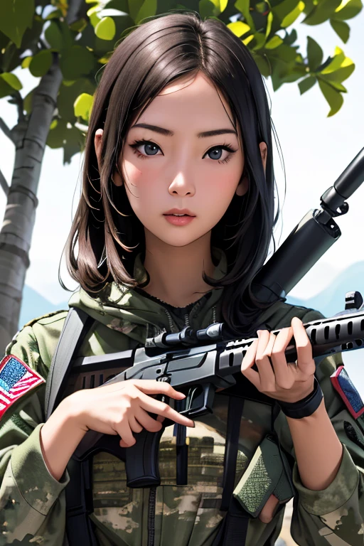 survival game、Camouflage、survival gameのフィールド、A beautiful girl is holding a rifle、head to waste、