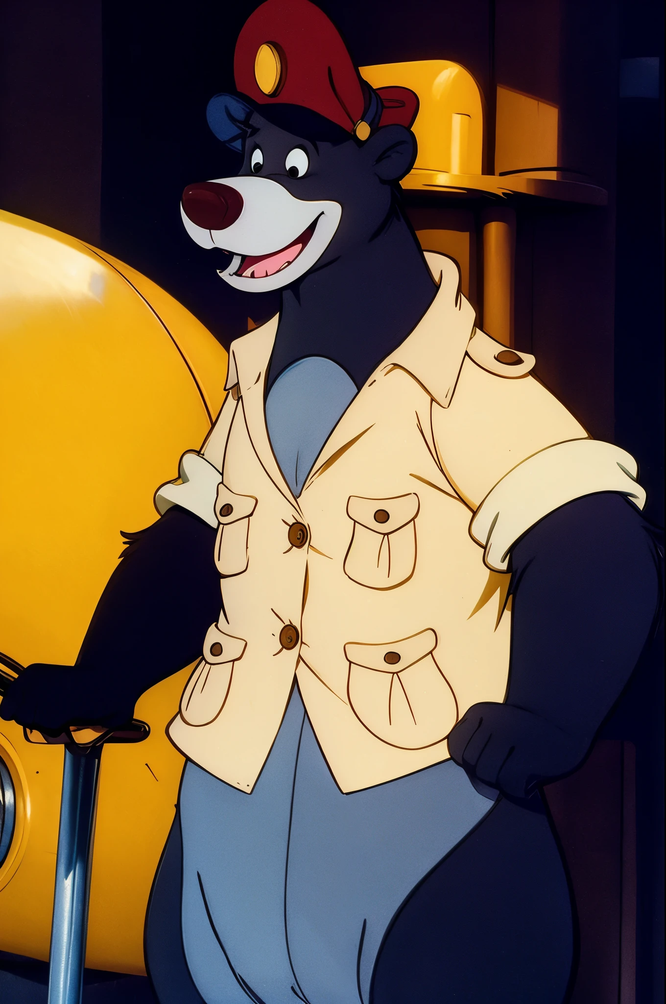 Anime style, 80s, 1boy, bear, black eyes, day, furry male, hat, male focus, open mouth, red headwear, shirt, smile, (((solo))), (standing near a vintage plane:1.2), ultra detailed, masterpiece in maximum 16K resolution, superb quality.