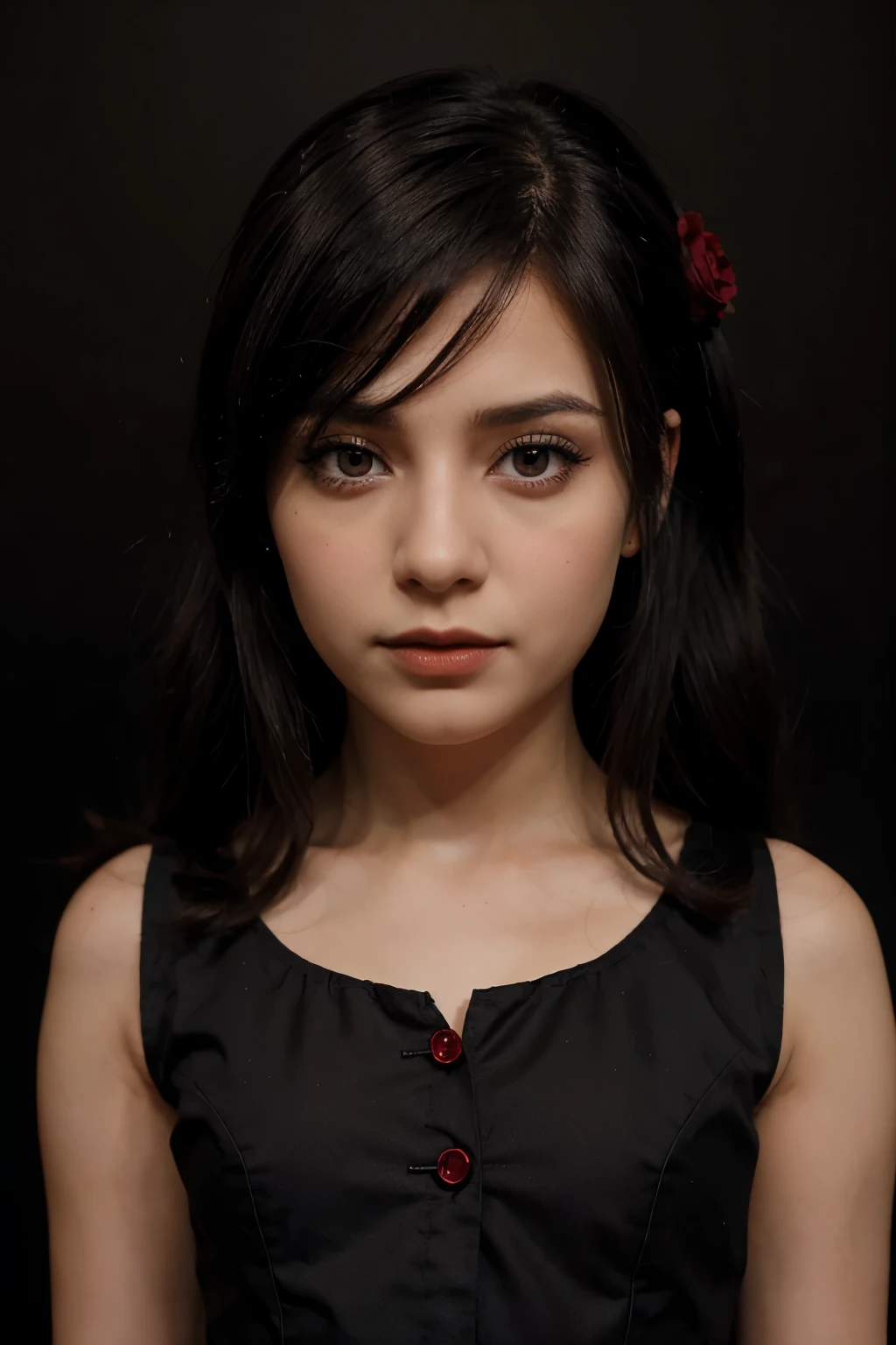 porcelain doll, traje negro, ojos morados, cabello negro.