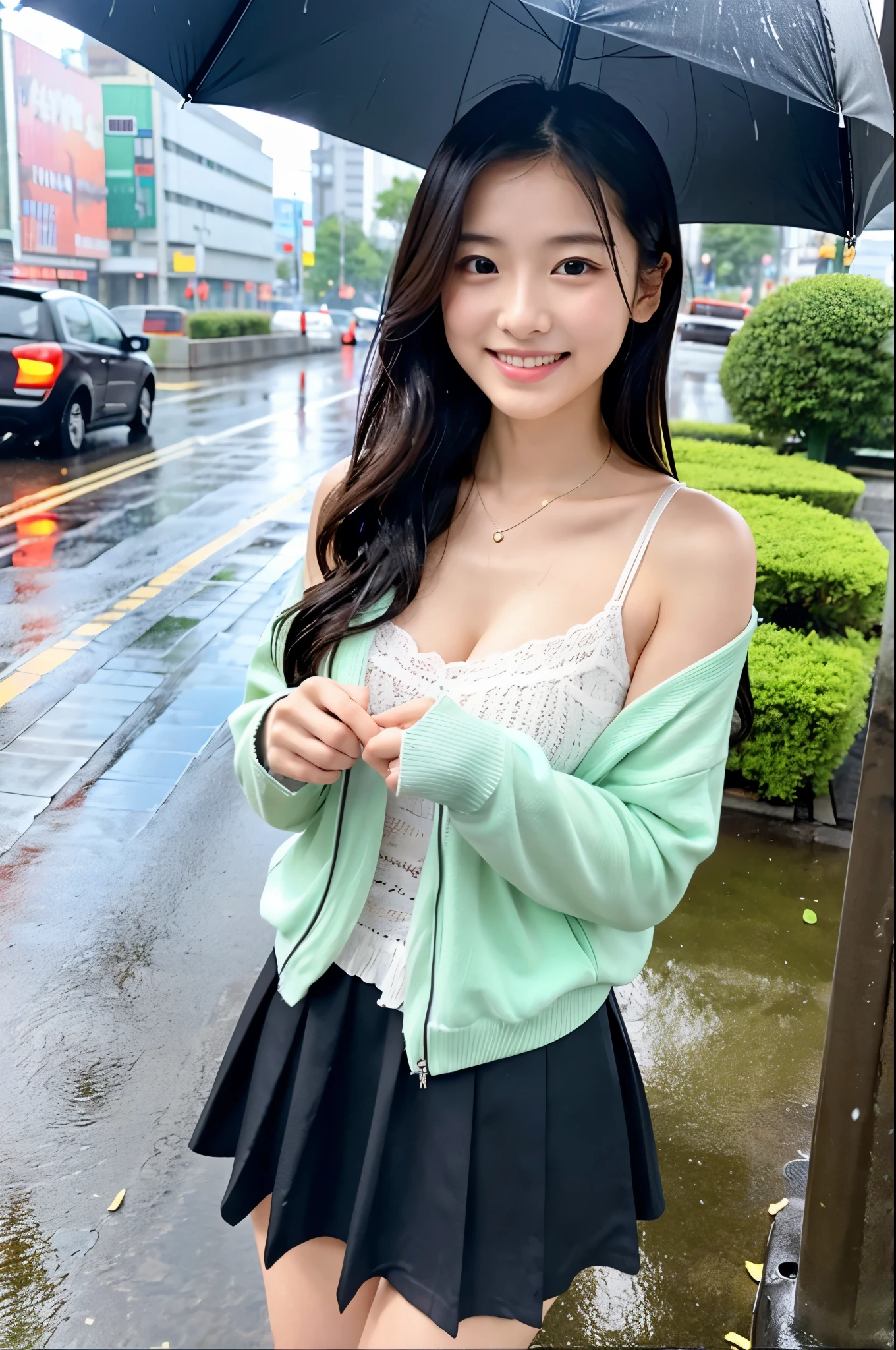 彼女は傘がないのでwhole bodyが雨で濡れている、My hair got wet in the heavy rain, face and clothes soaked through. Rain-soaked through face or dripping water masterpiece、超High resolution、well done!、She has a very pretty face and is young like an idol.々Has a good figure.20 year old Japanese woman、Gentle and cute、A gentle smile wet with rain、 Show off your cleavage.、mini skirt、Breathe rain soaked through In the heavy rain、Standing without an umbrella in the rain on a sidewalk in a big city at noon. large size bust、whole body、Artistic、RAW Photos、Genuine、High resolution、Life、No copyright notice