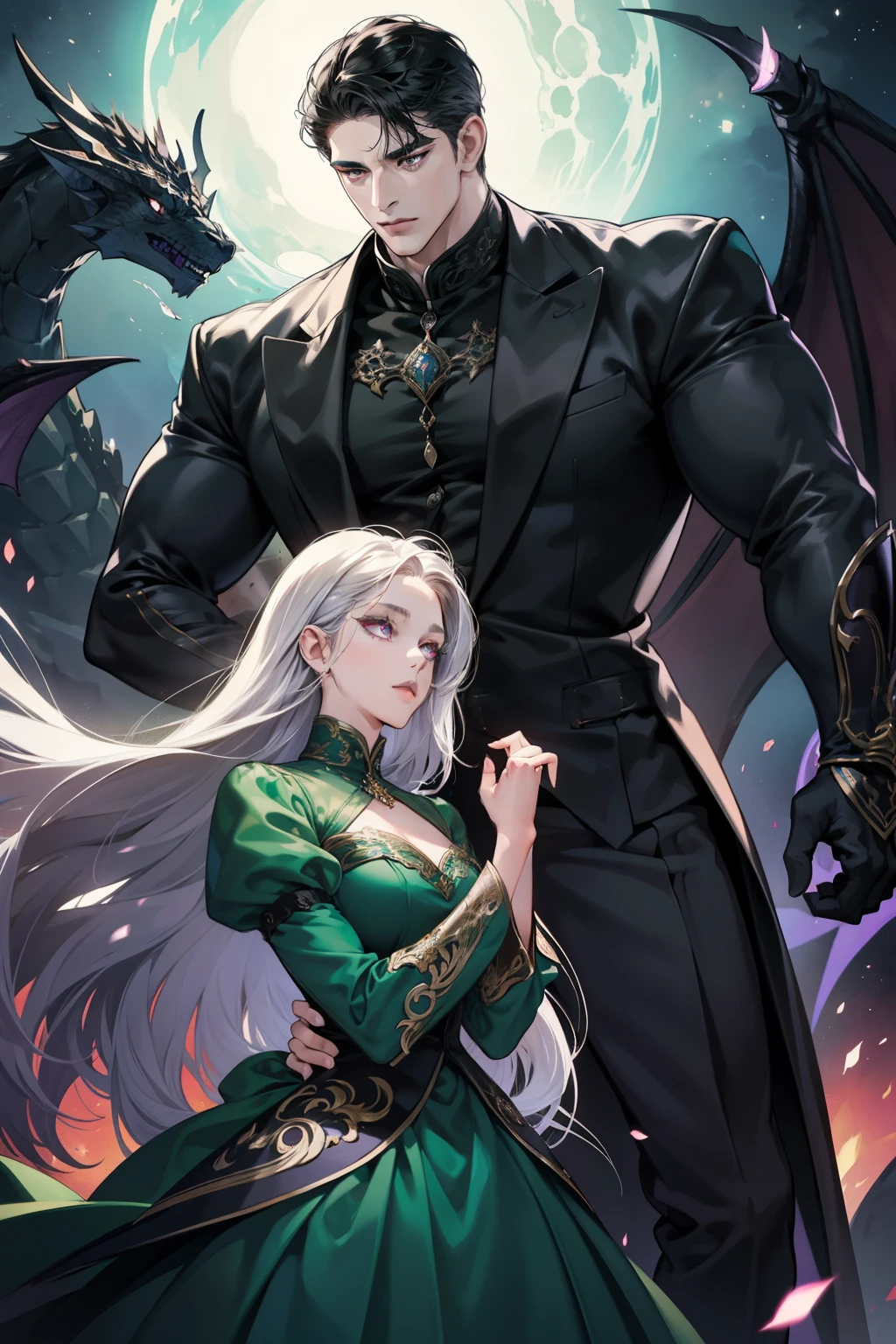 "Creada por: Midoru"
Affectionate and loving couple, exuding sensuality and impeccable taste, portrayed as a heavenly, dark duo in a passionate moonlit scene. The man, with short, sleek black hair and intense green eyes that glow like dragon pupils, dons a refined dark green suit, intricately embellished with silver details to emphasize his imposing figure and muscular physique. The woman, a slim, elegant beauty with long, flowing black hair and captivating purple eyes with dragon pupils, gracefully wearing a stunning, sophisticated dark green satin dress with silver accents, enhancing her ethereal beauty. Their