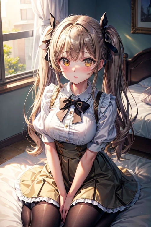 Minami Kotori, One girl, 一人in, masterpiece, One girl, highest quality, Super detailed, (Shiny), , ((bedroom)), indoor, bed, :p, blush, Ray Tracing,perfect Lighting, (Shiny skin:1.2),reflection, length_hair, Looking_in_Audience, blush, skirt, ribbon, Twin tails, yellow low_eye, pantyhose, bag, black_pantyhose, Light_Brown_hair