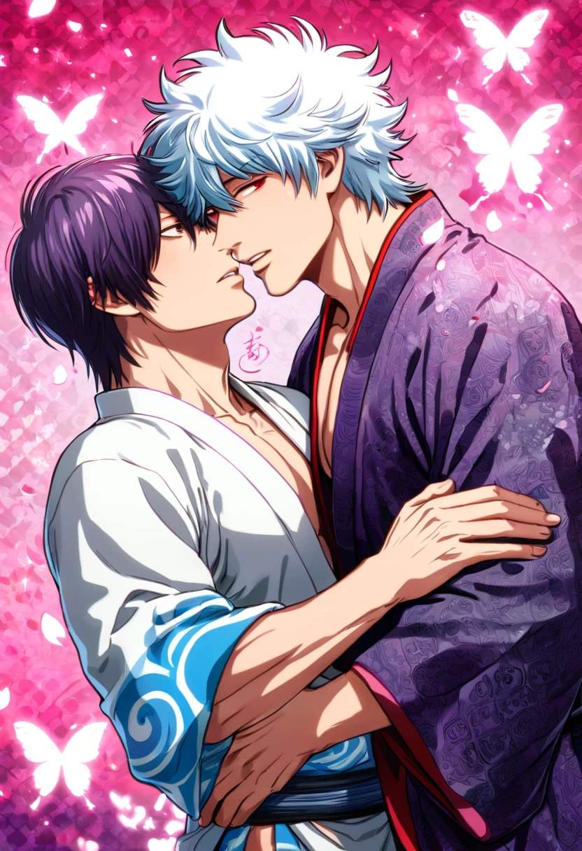 absurdres, highres, ultra detailed, HDR, master piece, best quality, perfect face, Sakata Gintoki, white hair, expressive red eyes, Gintama, Hijikata Toshiro, black hair, expressive dark blue eyes, two sexy men together, gay couple, yaoi, handsome, toned chest, white kimono, black kimono, patterns, magical, fantasy, water, pink flowers, blossoms, pink butterflies