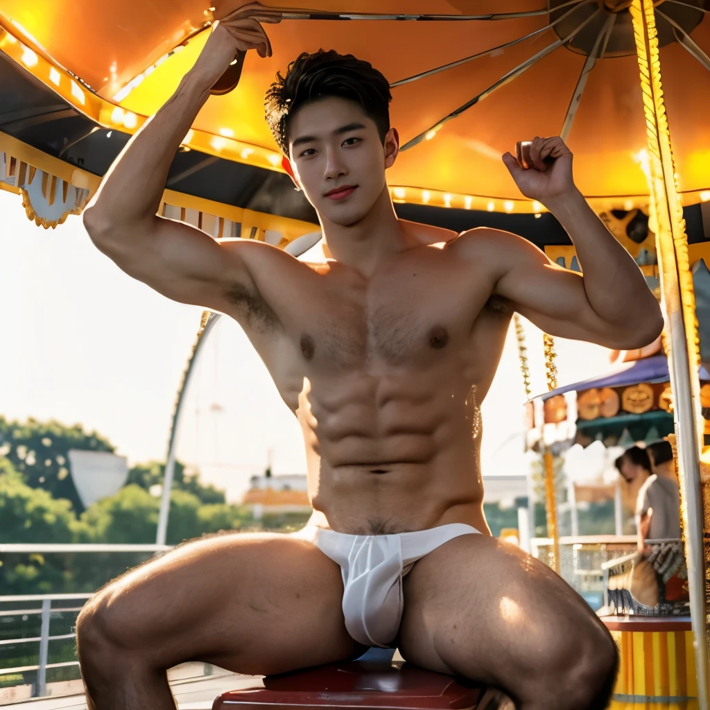 Sitting, Very hairy armpits, hairy pubic, hairy crotch, wet sweaty body, Carousel, Ferris wheel, Full body photo, Very thin thong, Proudly showing off his sweaty very hairy armpits, completely naked just wearing white thong, Boy in the crowded amusement park, amazing amusement park scenery, s old boy, very young boy, Cinematic soft lighting illuminates a stunningly detailed and ultra-realistic handsome korean male supermodel, ultra messy curly hair, clear honey eyes, captivating perfect smile, sensual, hot man, insanely handsome, showing off his sweaty body, very sixpack muscular body build, slender, toned, full body, 8k, photography, masterpiece, detailed face, detailed eyes, sexy, beautiful abdomen and beautiful legs and a detailed big hard penis, expression of ecstasy, excited, slim, detailed eyes and lips, sixpack and fit body. Image quality is of the highest standard, with ultra-detailed features and a realistic appearance. The colors are bright and vibrant, enhancing the overall aesthetic. The lighting is soft and natural, casting a soft glow on the boy, don't merge body's