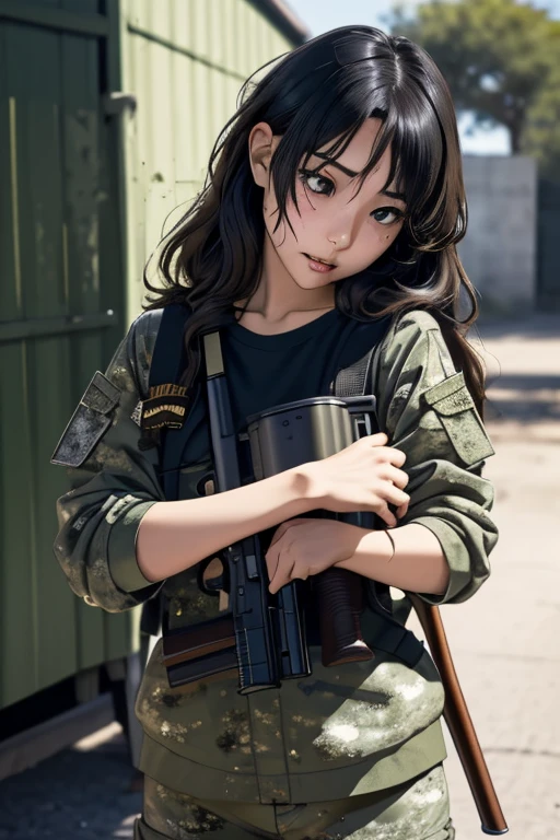 survival game、Camouflage、survival gameのフィールド、A beautiful girl is holding a rifle、head to waste、