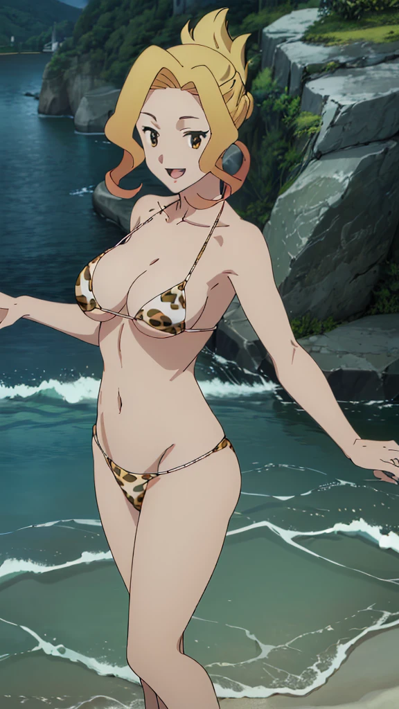 (masterpiece, 4K, highest quality, anime style: 1.9, Detailed face, Lovely, Ocean,Bold Line, High resolution, anime, Lake 4. alone, Curvaceous, slim,smile, Please open your mouth wide, 非常にslimなお腹, Cowboy Shot, (Leopard print bikini),1 girl, Naked in a swimsuit,KonoSuba
