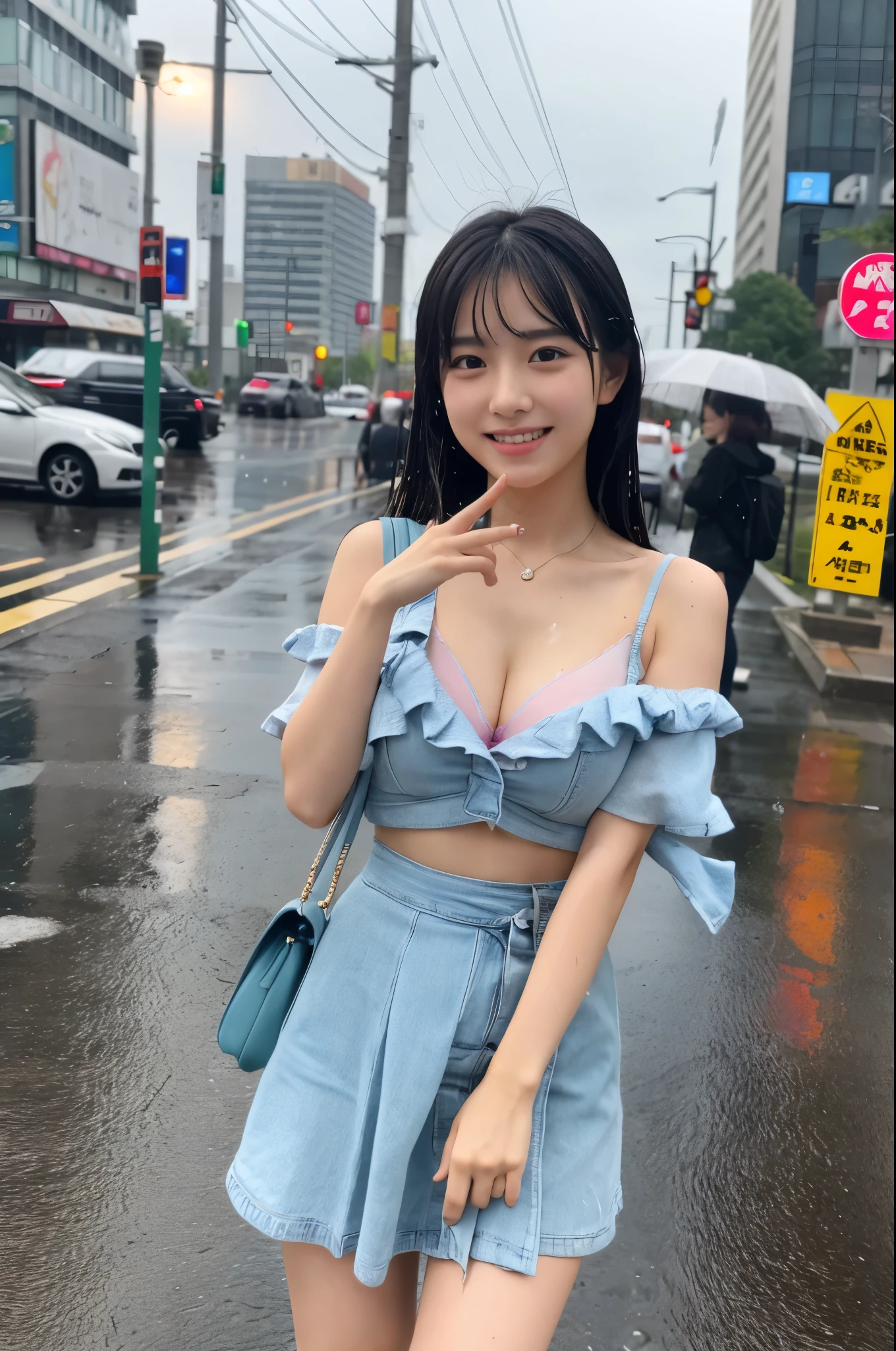 彼女は傘がないのでwhole bodyが雨で濡れている、My hair got wet in the heavy rain, face and clothes soaked through. Rain-soaked through face or dripping water masterpiece、超High resolution、well done!、She has a very pretty face and is young like an idol.々Has a good figure.20 year old Japanese woman、Gentle and cute、A gentle smile wet with rain、 Show off your cleavage.、mini skirt、Breathe rain soaked through In the heavy rain、Standing without an umbrella in the rain on a sidewalk in a big city at noon. large size bust、whole body、Artistic、RAW Photos、Genuine、High resolution、Life、No copyright notice