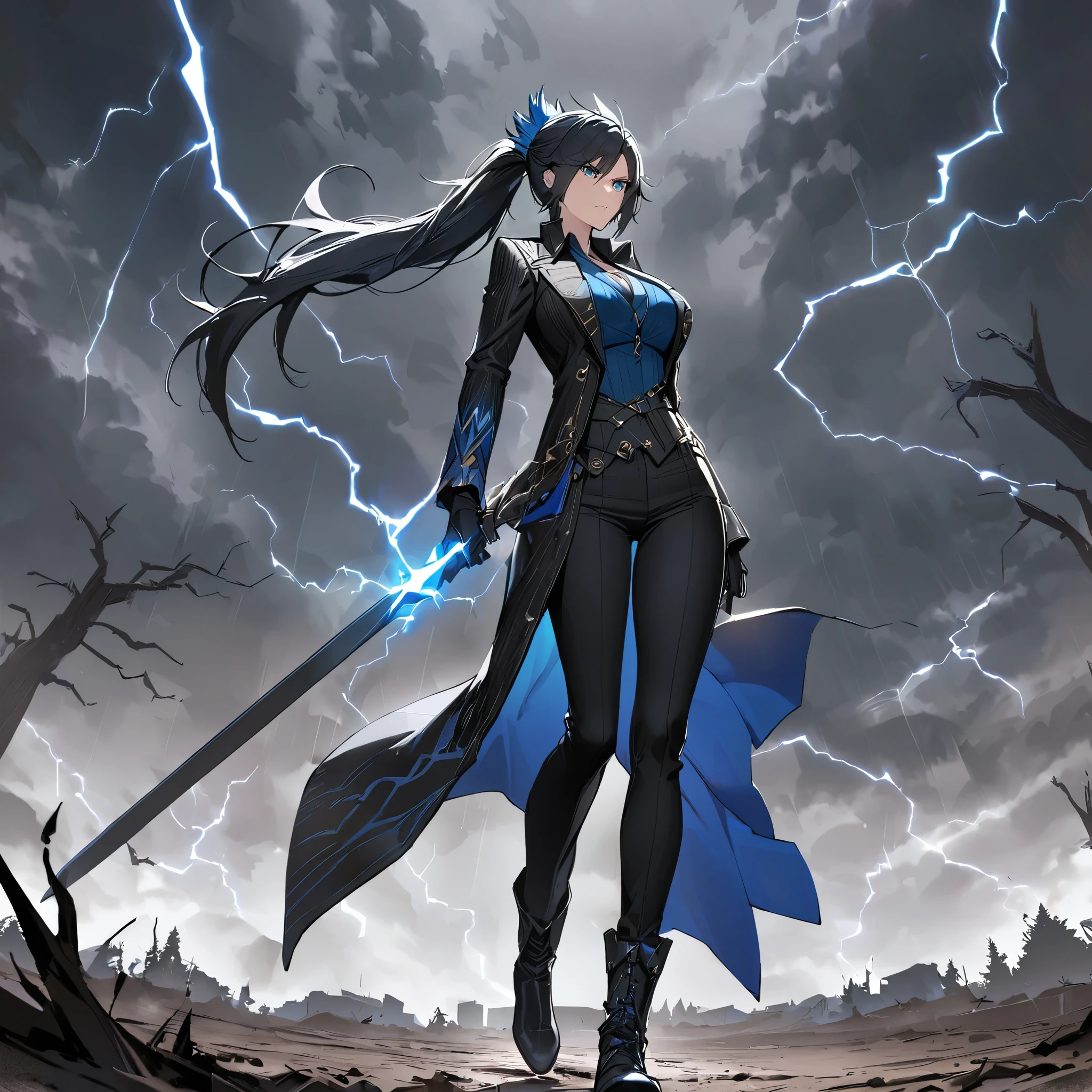 A woman wearing a vergil costume (devil may cry 5), a long black coat, a teal blue t-shirt inside, black pants, black leather boots, holding a katana without a sheath, a serious face, a perfect face, perfect eyes, big breasts, long black hair, ponytail hair, teal blue bow in her hair, black gloves, standing, walking on a dirt floor with some trees and a stormy sky, with lightning in the sky.
