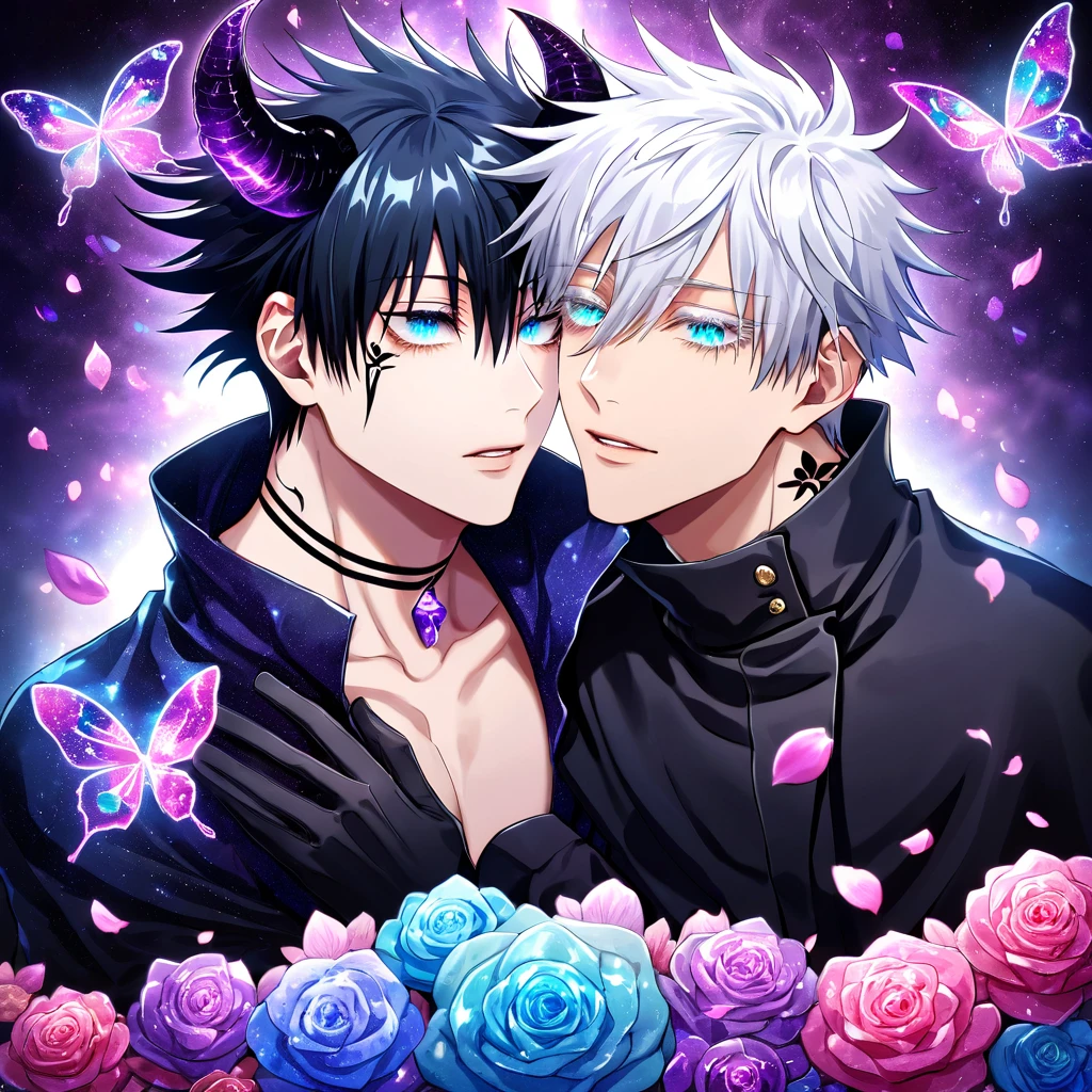 Ultra detailed, HDR, Highres, absurdres, master piece, Gojo Satoru, white hair with bangs, expressive blue eyes, white eyelashes, hair between the eyes, Fushiguro Megumi, black hair, expressive blue eyes, Jujutsu Kaisen, blue glittering butterflies, petals, fantasy, blue flowers, two sexy man together, gay couple, yaoi, extremely detailed face and eyes, handsome, glittering, bare chest, white cape, white demon clothes, tattoo on his neck, blue gemstone background, blue flames, cross, white gloves, radiant, black demon horns, love,