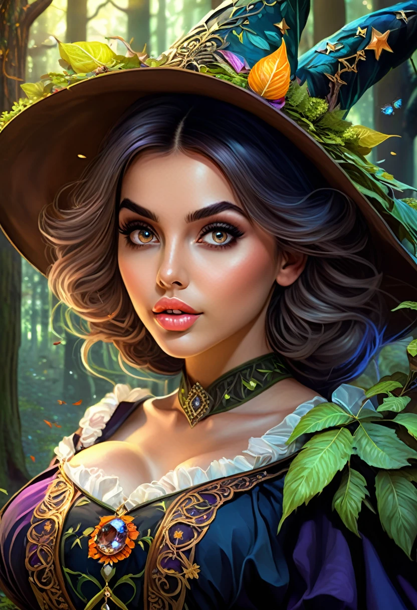 enhanced, amazing looking young woman, cute, large eyes, In the forest, whimsical, intricate, audaciously detailed fantasy, witches brew, 64 megapixels, 8K, HDR, charming, epic colors, painted by Fiona Staples, light and shadows, 4k, starry brilliance, HD, detailed fantasy, digital art