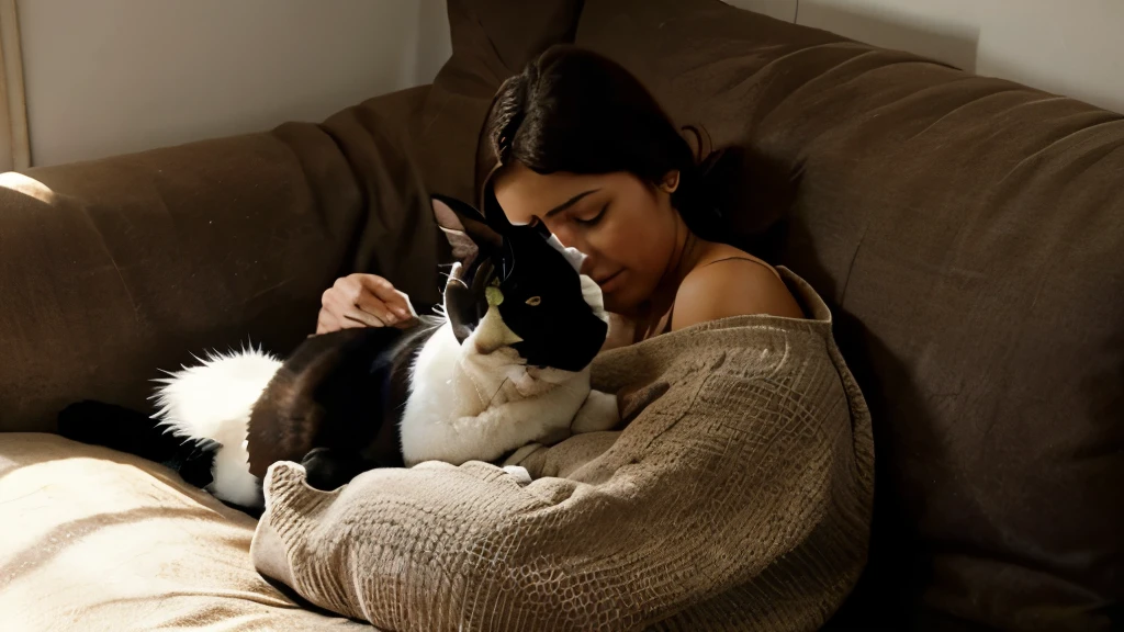 The cat is kneading a cushion on the sofa next to its owner.
