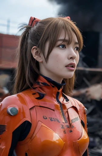 masterpiece、Ultra HD、Asuka Langley、RAW UHD Format、Detailed skin and eyes、Reality Photography、((Torn plug suit))、Destroyed and ruined city、Explosive car on fire、Fire breaks out、Dirty body、Torn Suit、Angry face、Twin tails