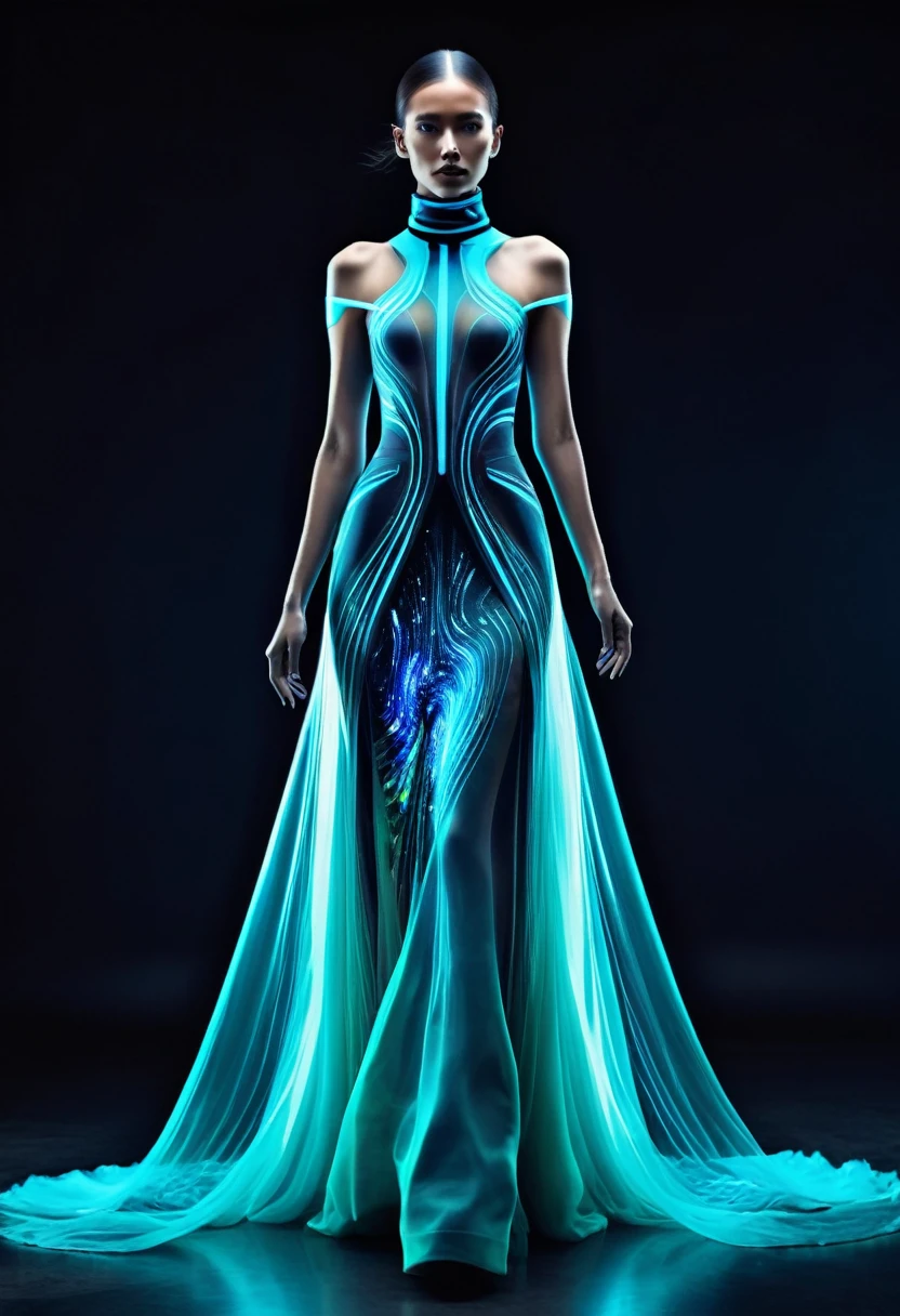 advance hi-tech futuristic bioluminescent haute couture fashion, sophisticated fashion style, complex style, photo model, high collar fashion, long dress, long body torso, high pose, back camera,  translucent color, epic realism, UHD, ultra detailed, head to toe photo,