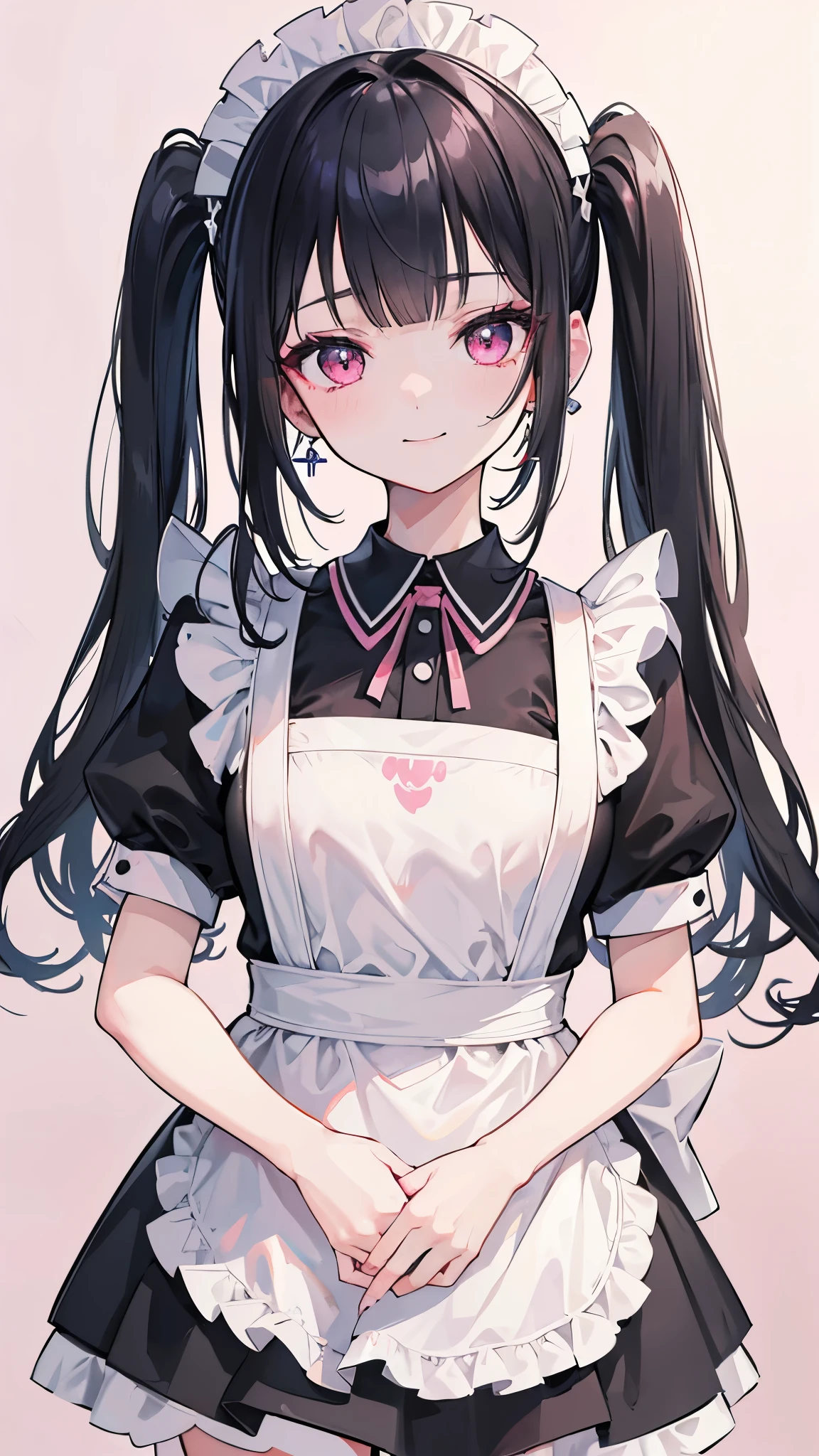 (8k、Best image quality、highest quality、masterpiece)、Detailed face、One girl、Black Hair、twintails、blunt bangs、Earrings、Pink eyes、smile、Small breasts、White brim、((Maid))、Short sleeve、Cowboy Shot、Bedroom Background
