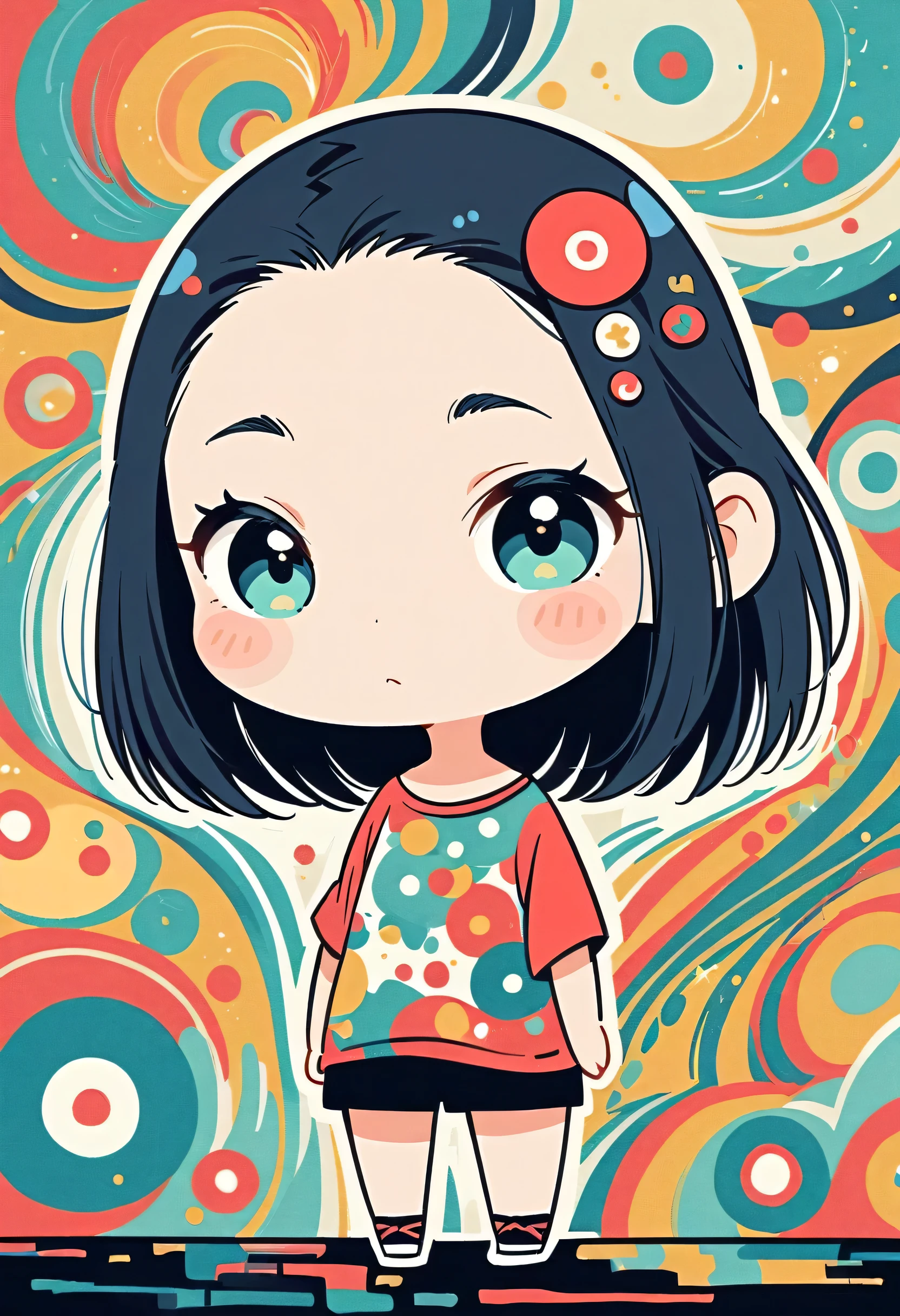 Takashi Murakami style, Standing in front of a high wall，Simple Line Initialism，Abstract art，Urban Background, (((The most beautiful girl))), (((chibi)))